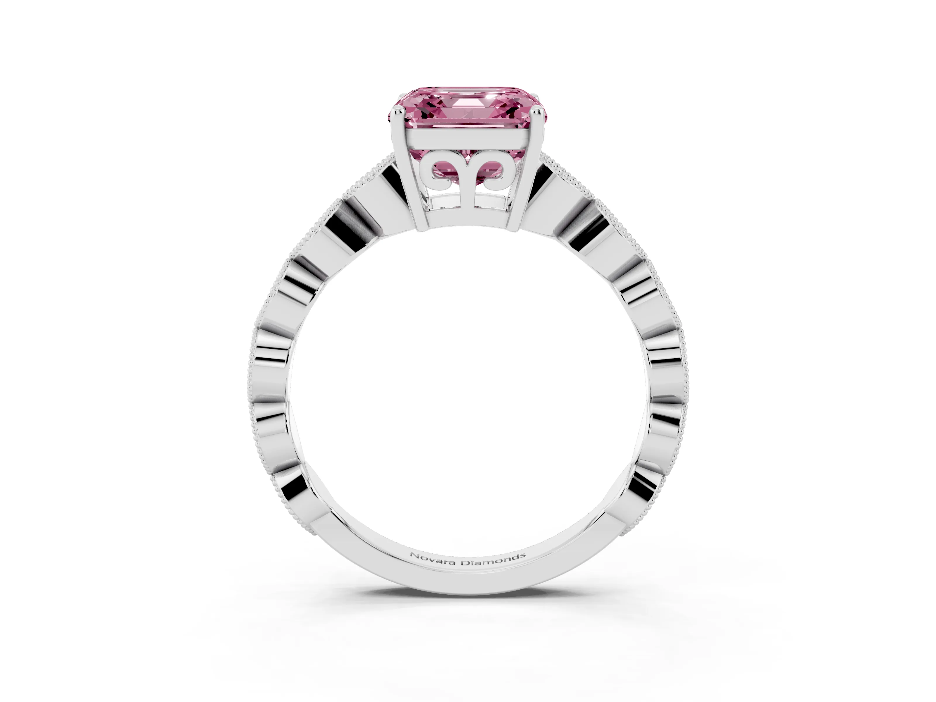 Fancy Pink Asscher Cut Diamond Solitaire Ring Set in White gold with Infinity Twist Pavé Band