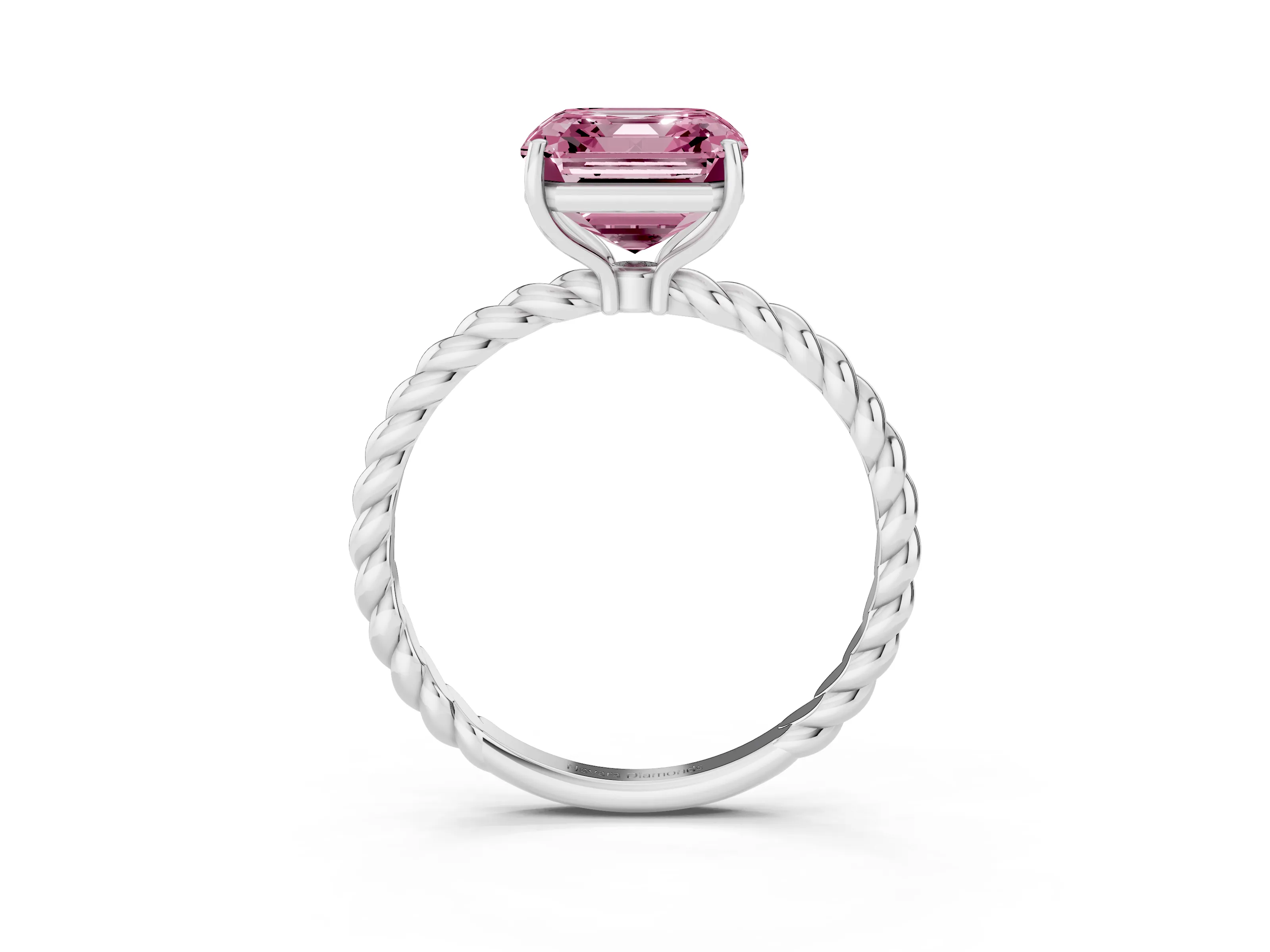 Fancy Pink Asscher Cut Diamond Solitaire Ring Set in White gold with Twist Band and Prong Setting