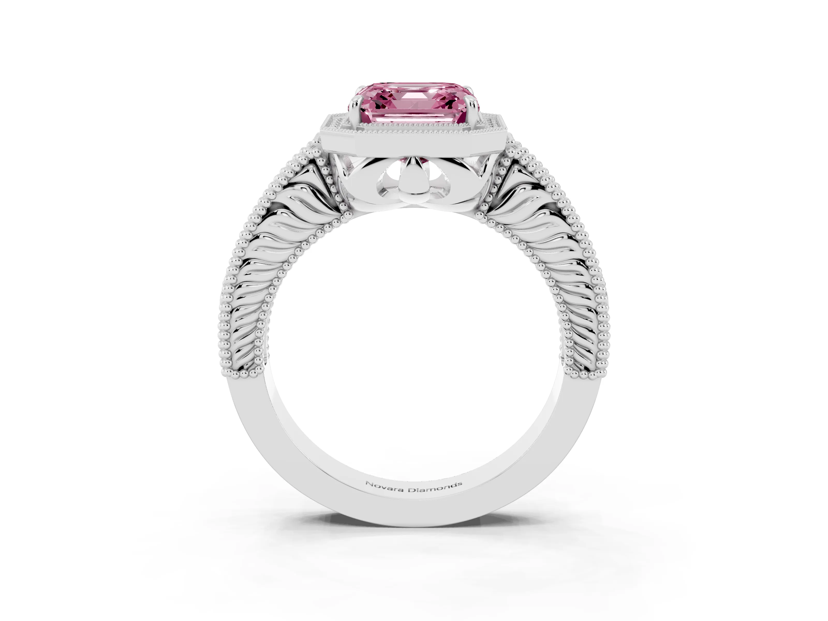 Fancy Pink Asscher Cut Diamond Halo Ring Set in Silver with Round Accent Halo, Pavé Band and Prong Setting