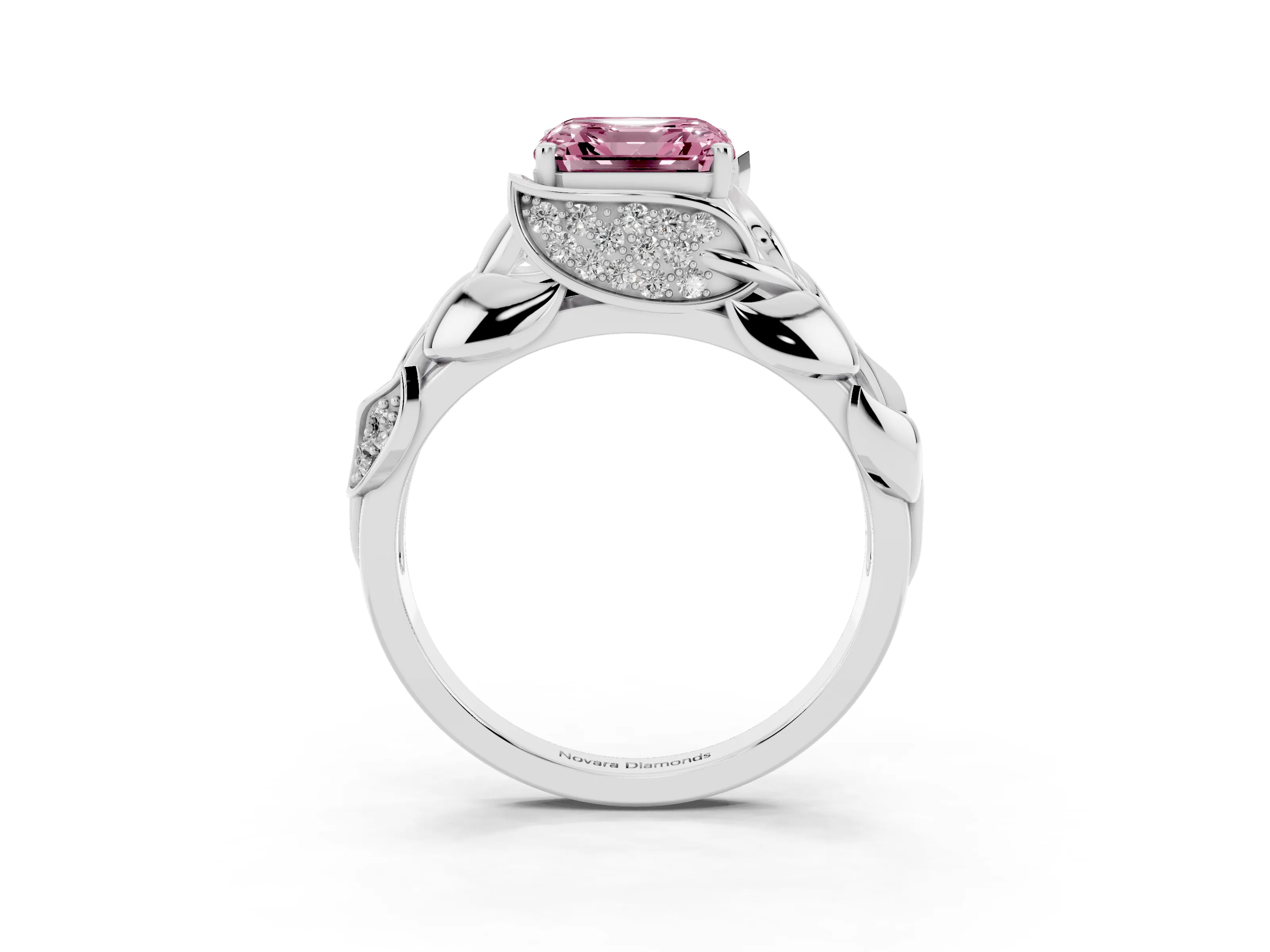 Fancy Pink Asscher Cut Diamond Leaf-Inspired Engagement Ring Set in Silver with Round Accents