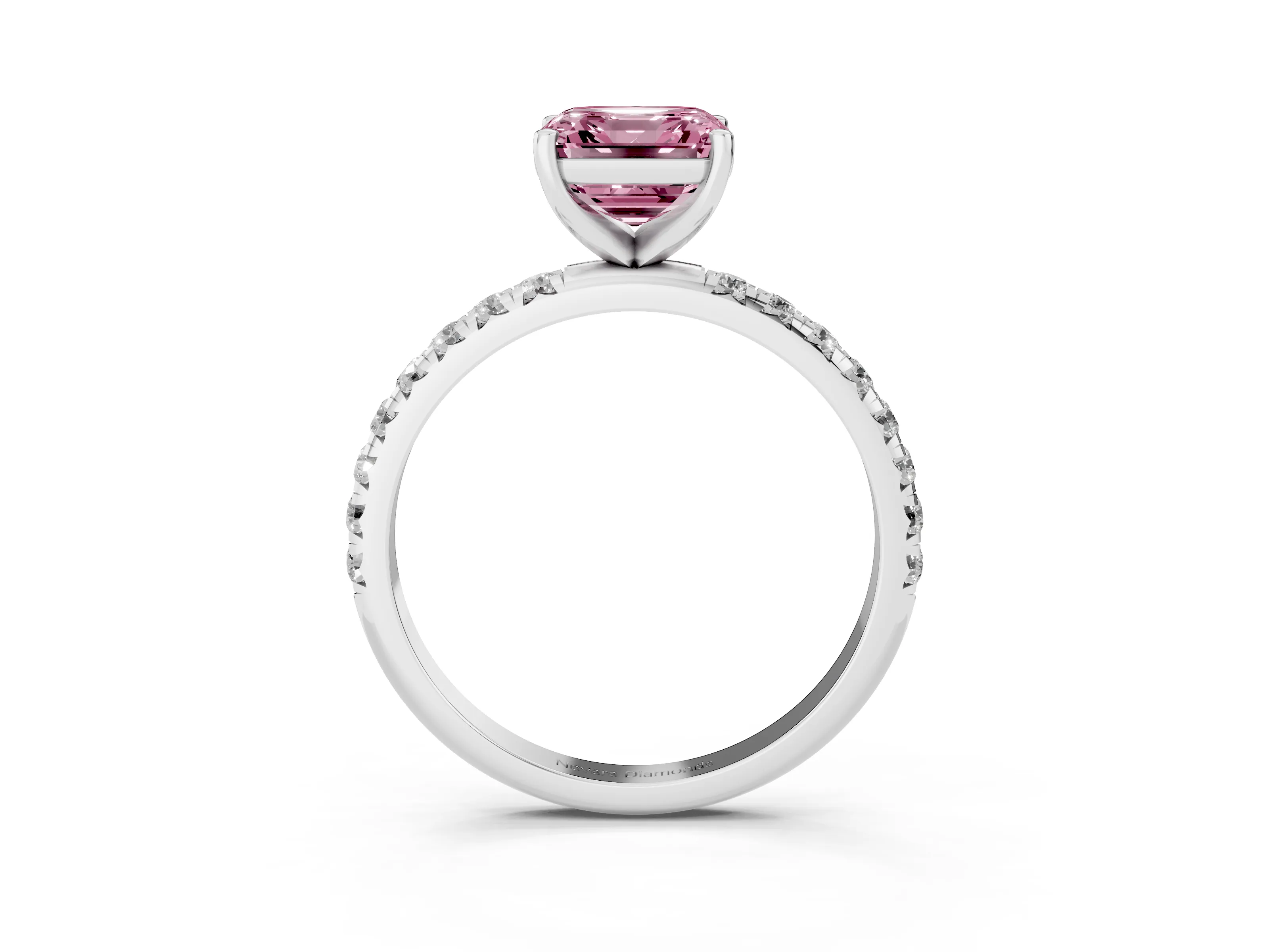 Fancy Pink Asscher Cut Diamond Solitaire Ring Set in Platinum with Micro Pavé Band and Prong Setting