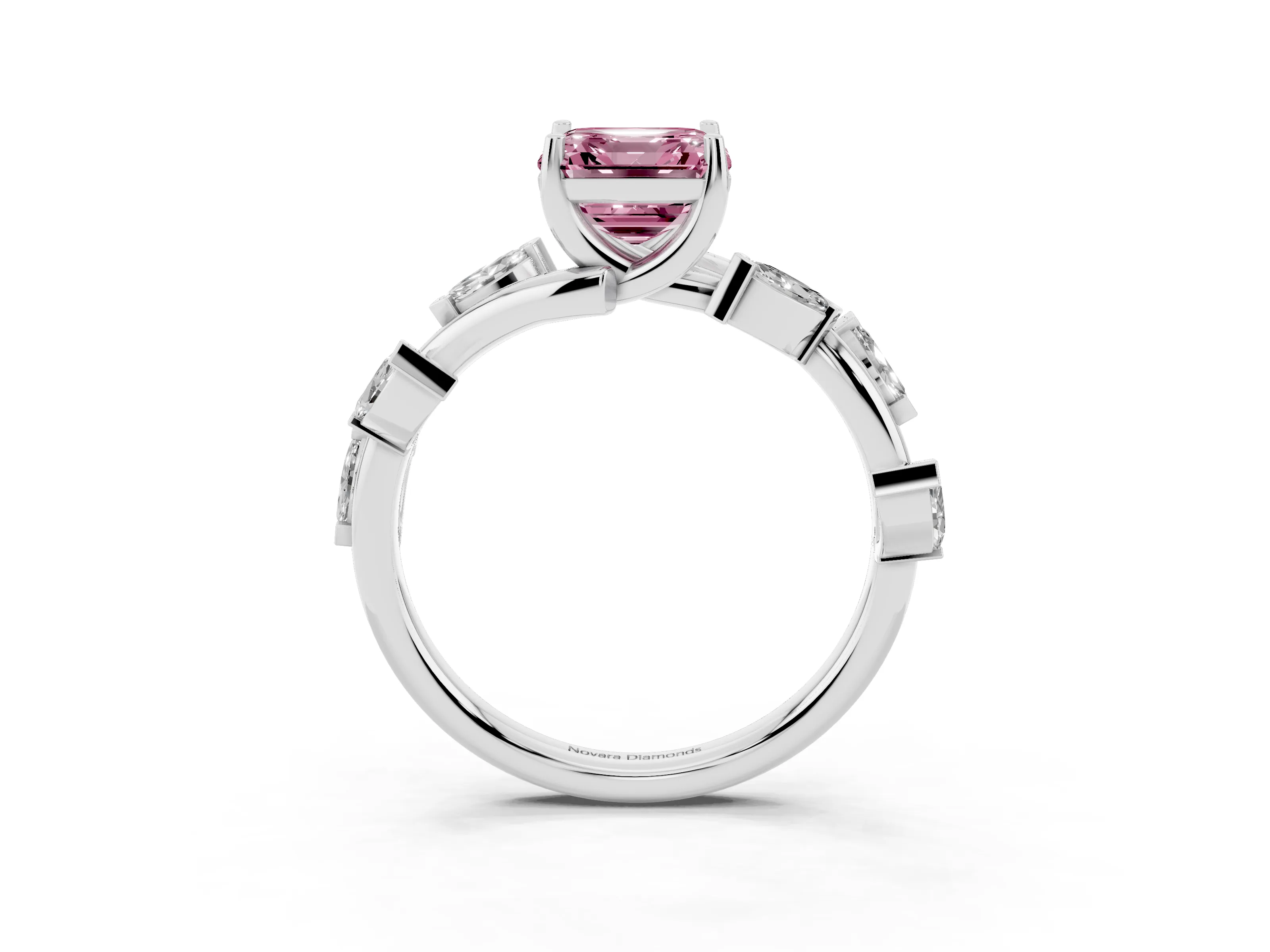 Fancy Pink Asscher Cut Diamond Solitaire Ring Set in White gold with Twisted Marquise Accent Band