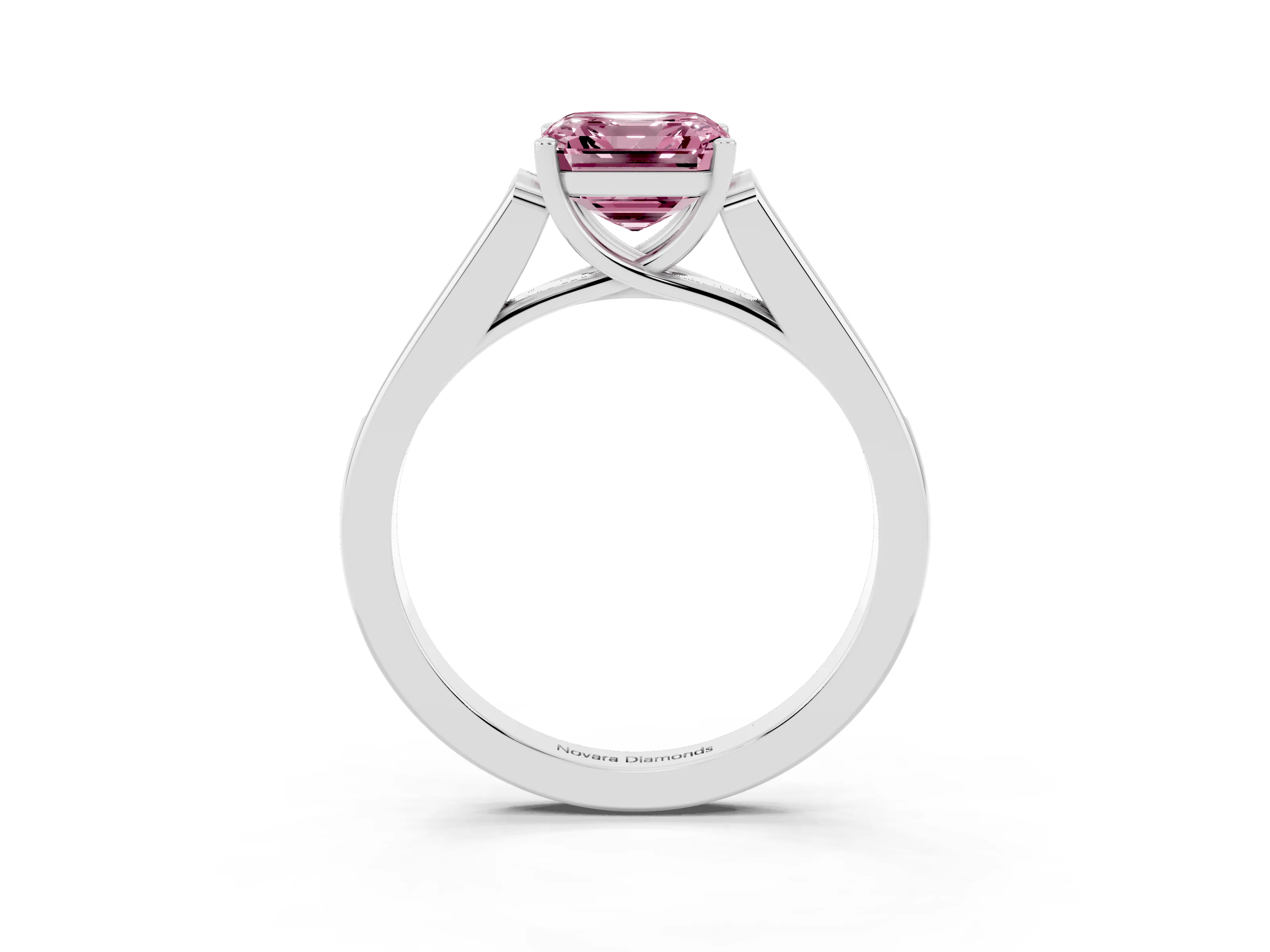 Fancy Pink Asscher Cut Diamond Solitaire Cathedral Engagement Ring Set in White gold with Channel-Set Band and Prong Setting