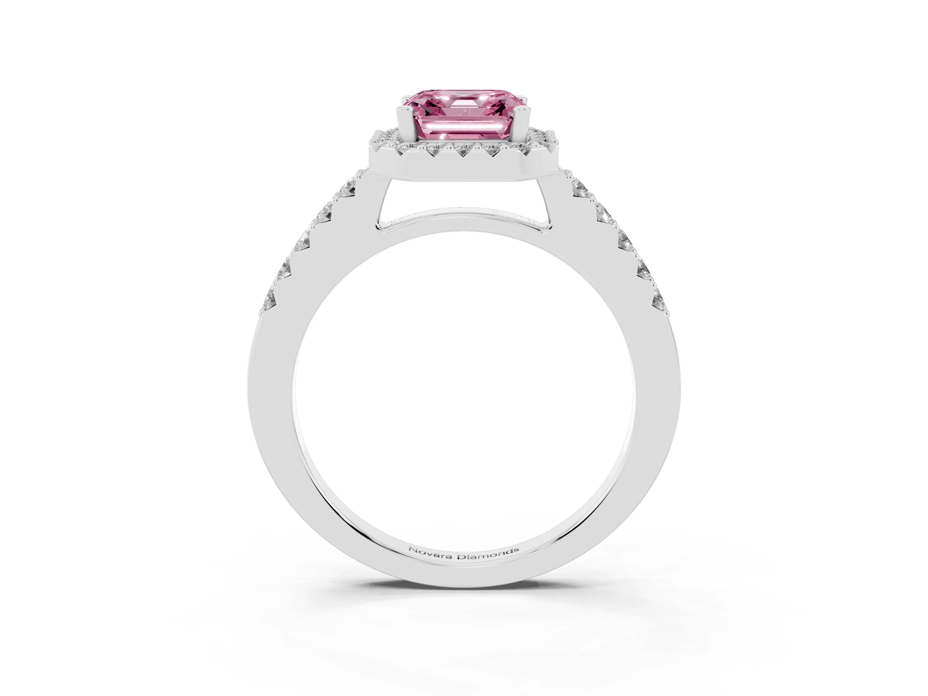Fancy Pink Asscher Cut Diamond Halo Pavé Solitaire Ring Set in Platinum with Prong-Set Center Stone