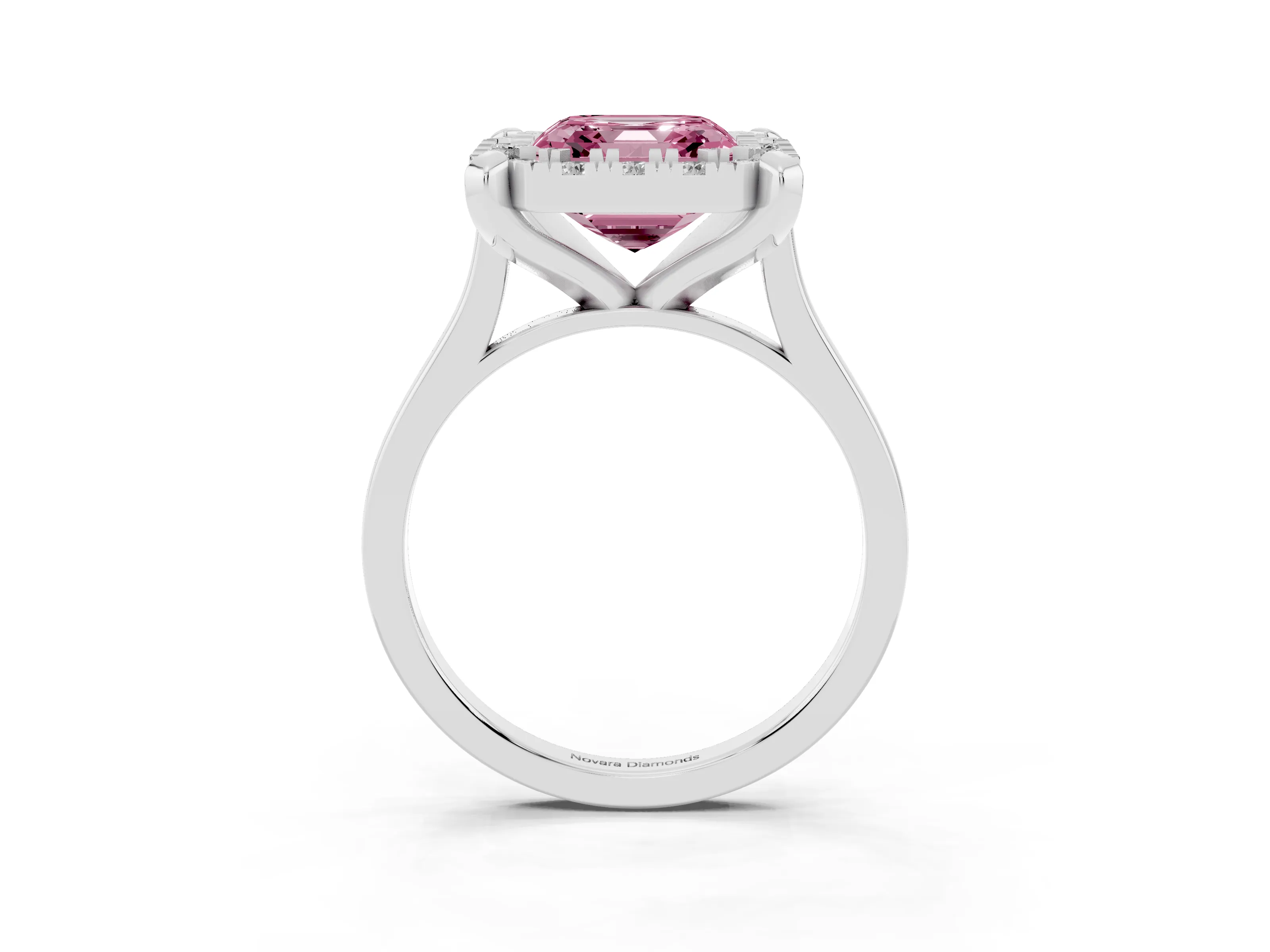 Fancy Pink Asscher Cut Diamond Cluster Halo Solitaire Ring Set in Silver with Prong Setting