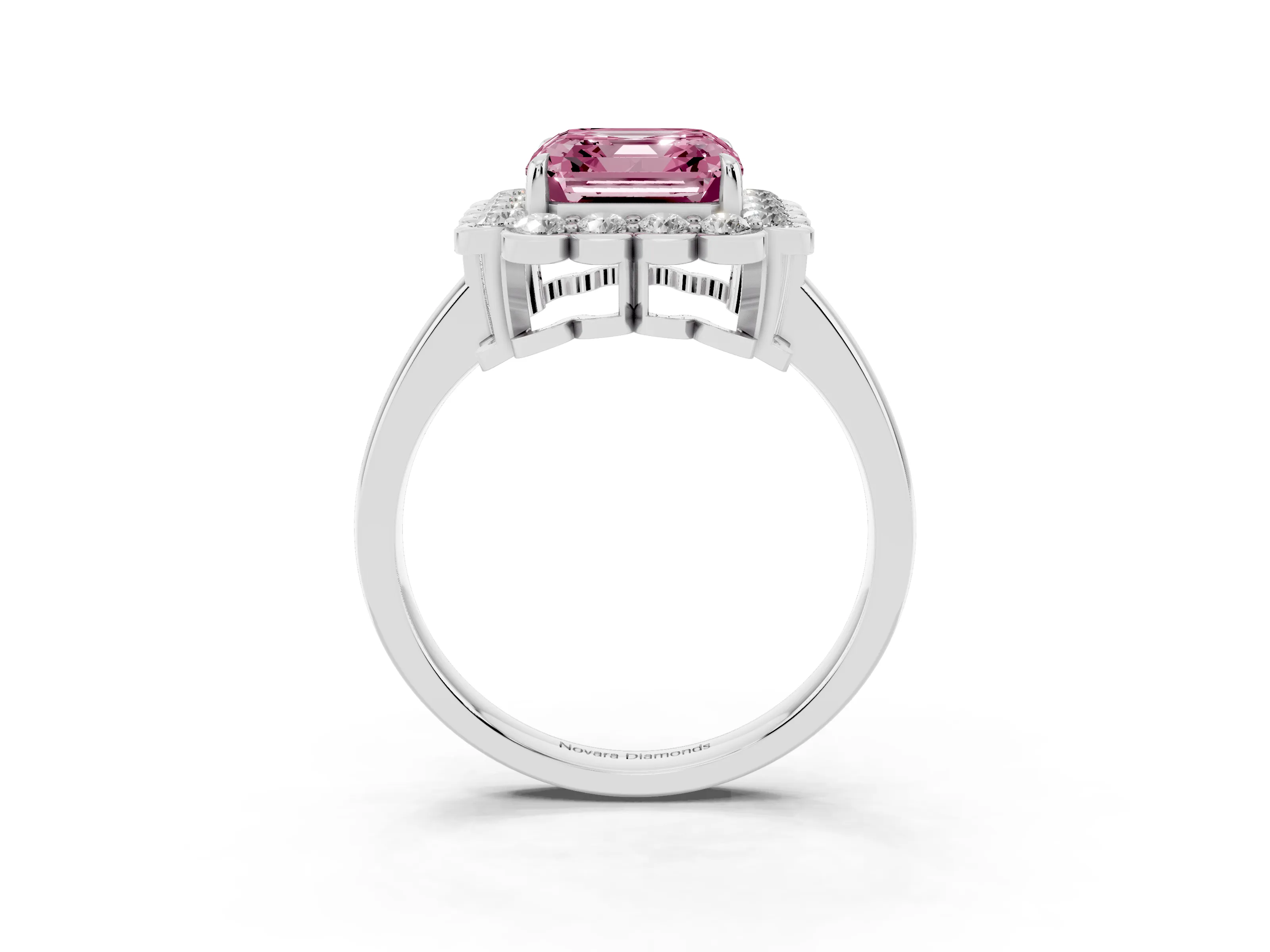 Fancy Pink Asscher Cut Diamond Halo Cluster Engagement Ring Set in Platinum with Solitaire Band and Prong Setting