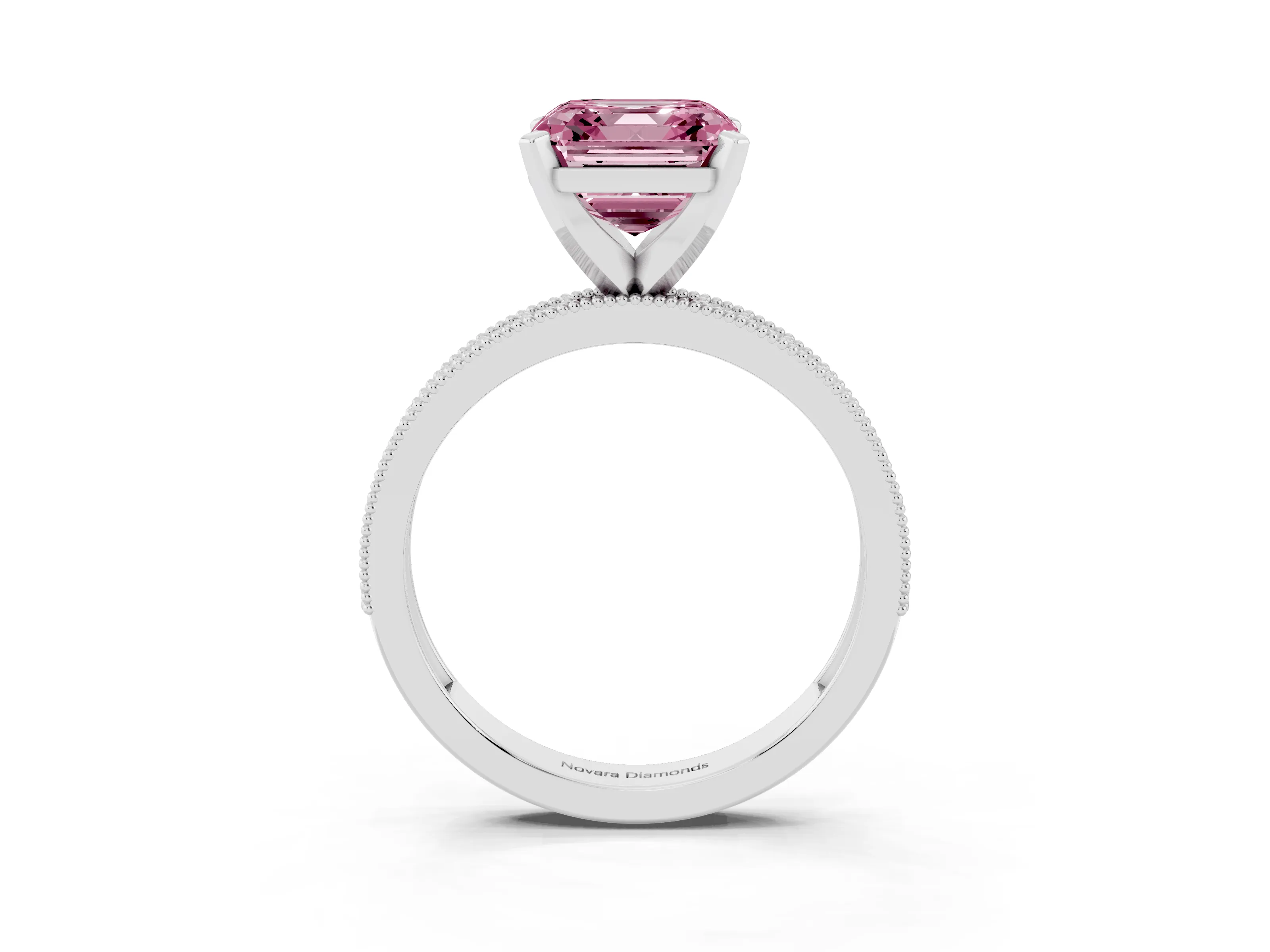 Fancy Pink Asscher Cut Diamond Milgrain Pavé Engagement Ring Set in Platinum with Prong Setting