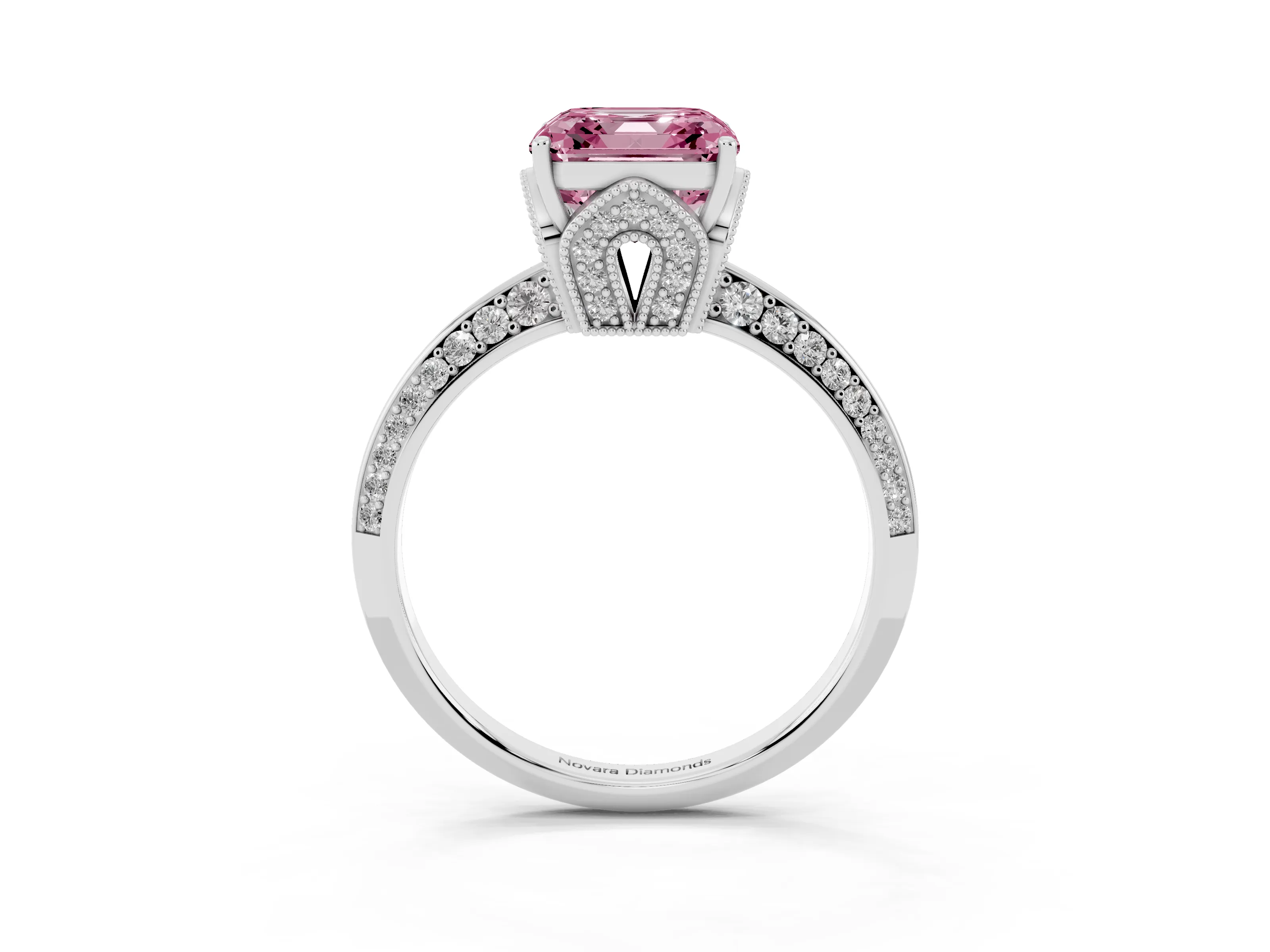 Fancy Pink Asscher Cut Diamond Solitaire Engagement Ring Set in Silver with Pavé Split Shank and Prong Setting