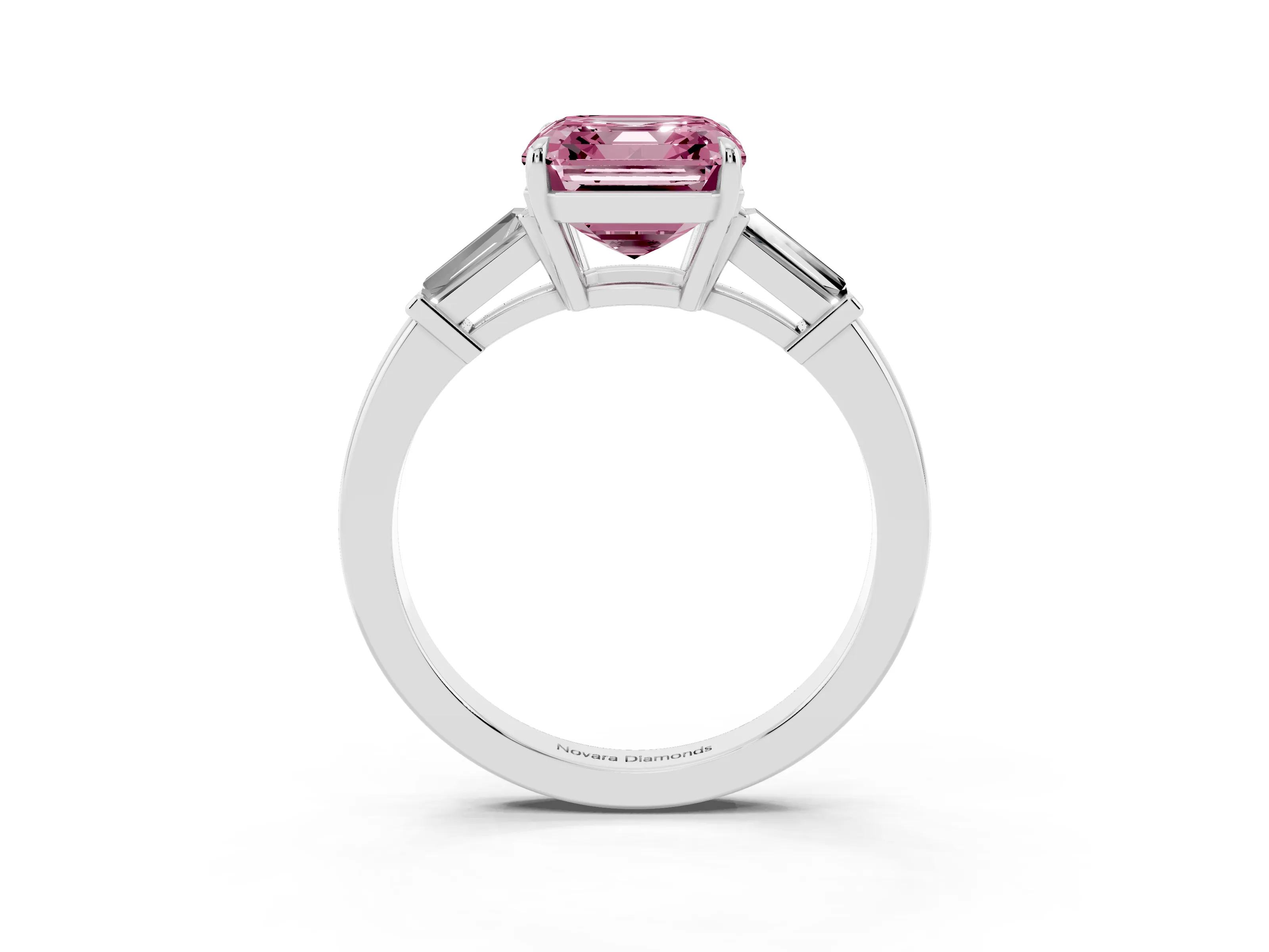 Fancy Pink Asscher Cut Diamond Three-Stone Ring Set in White gold with Tapered Baguette Side Stones and Prong Setting