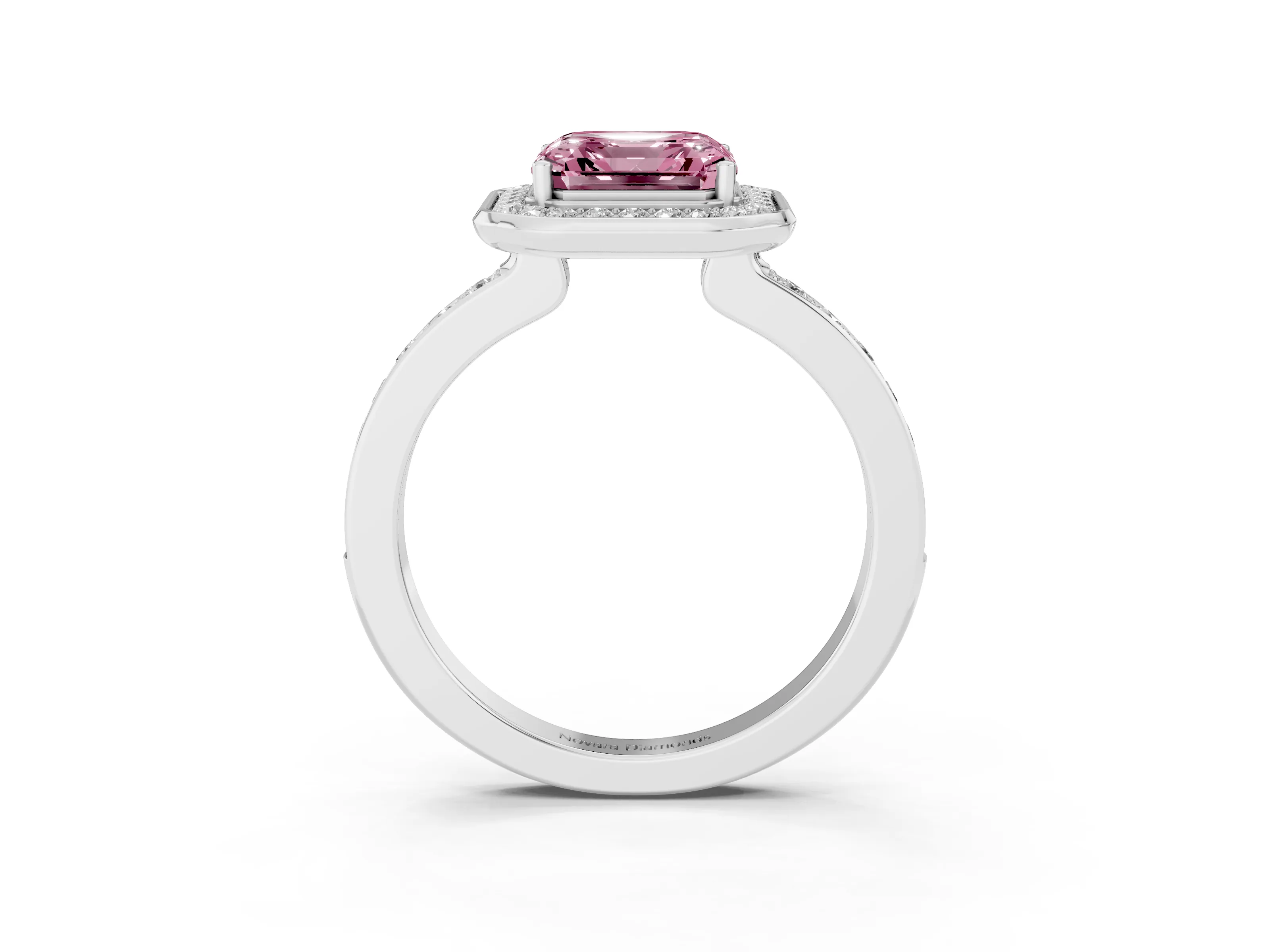 Fancy Pink Asscher Cut Diamond Halo Ring Set in White gold with Bezel Frame and Pavé Band