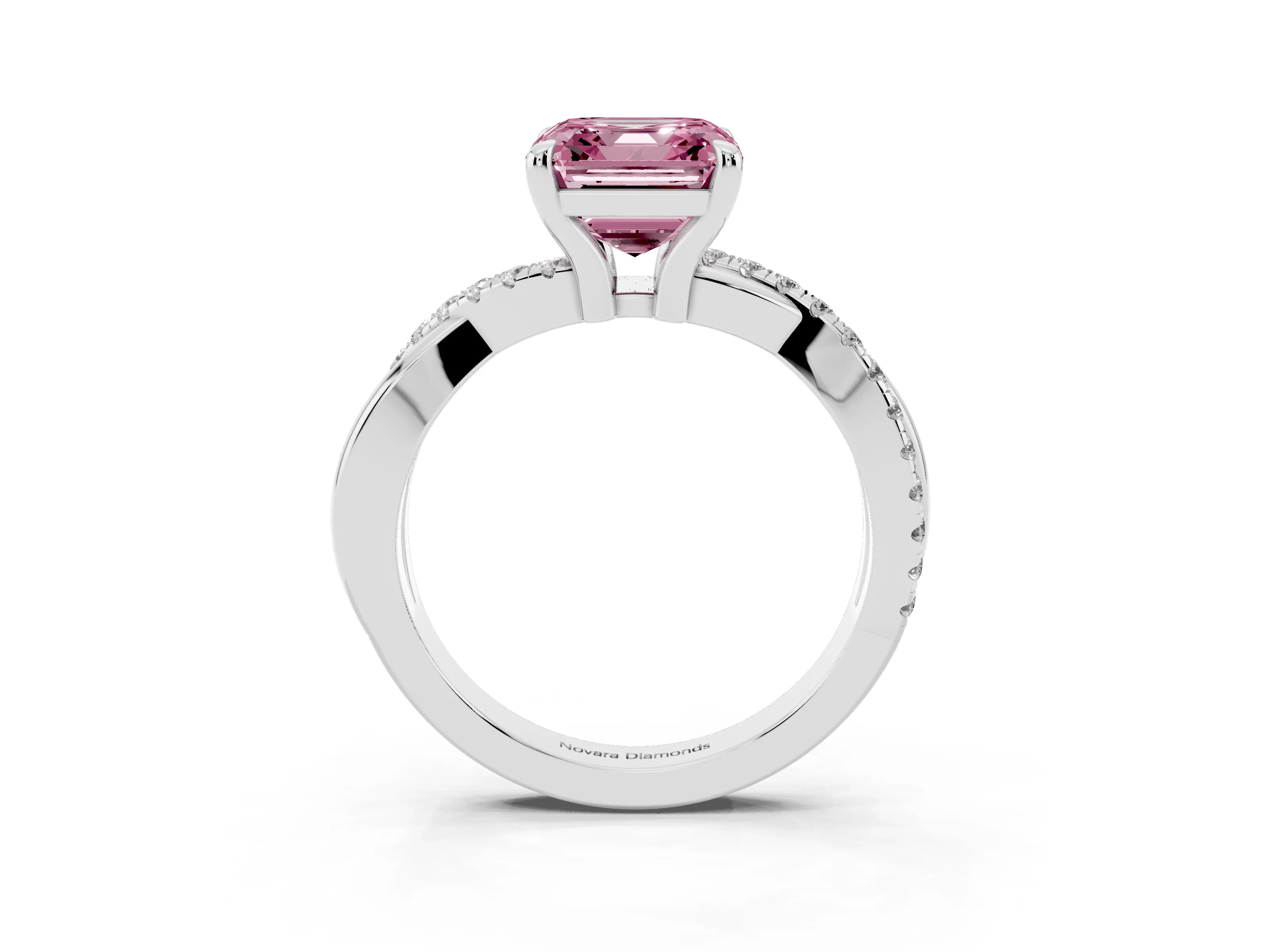 Fancy Pink Asscher Cut Diamond Twist Band Pavé Solitaire Ring Set in Platinum with Prong Setting