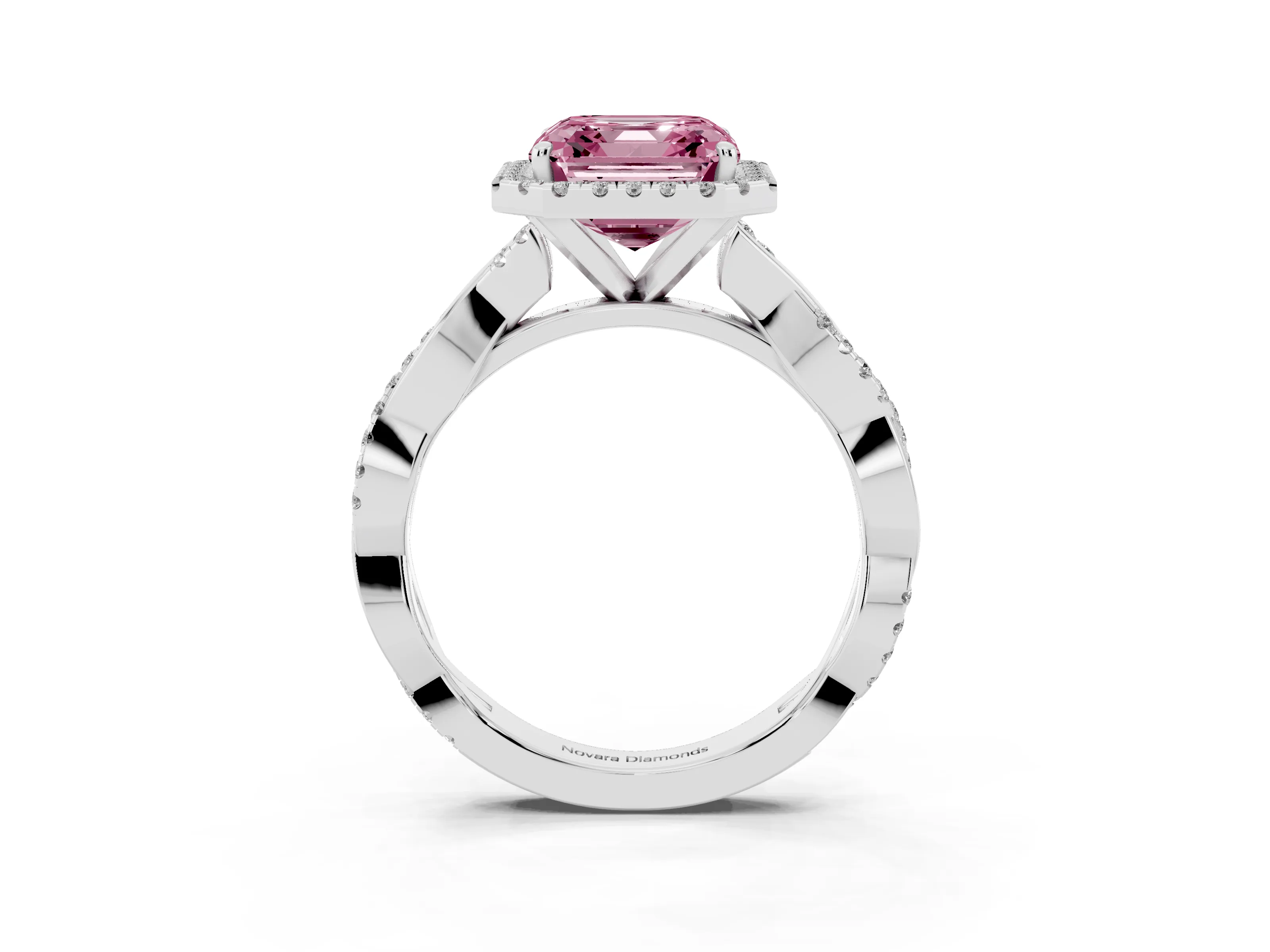 Fancy Pink Asscher Cut Diamond Halo Twisted Band Ring Set in Silver with Prong Setting