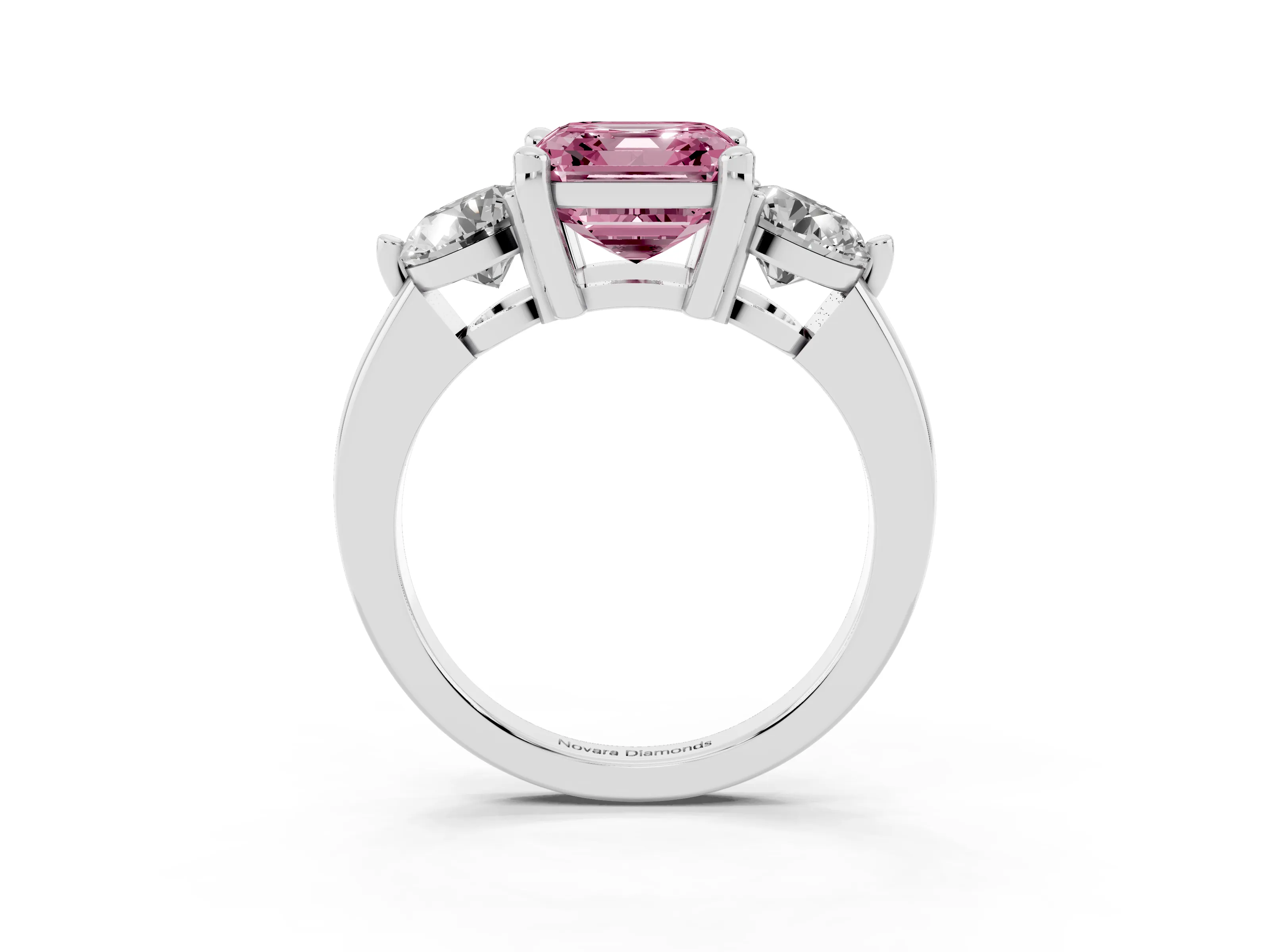 Fancy Pink Asscher Cut Diamond Three-Stone Ring Set in White gold with Prong Setting and Classic Band