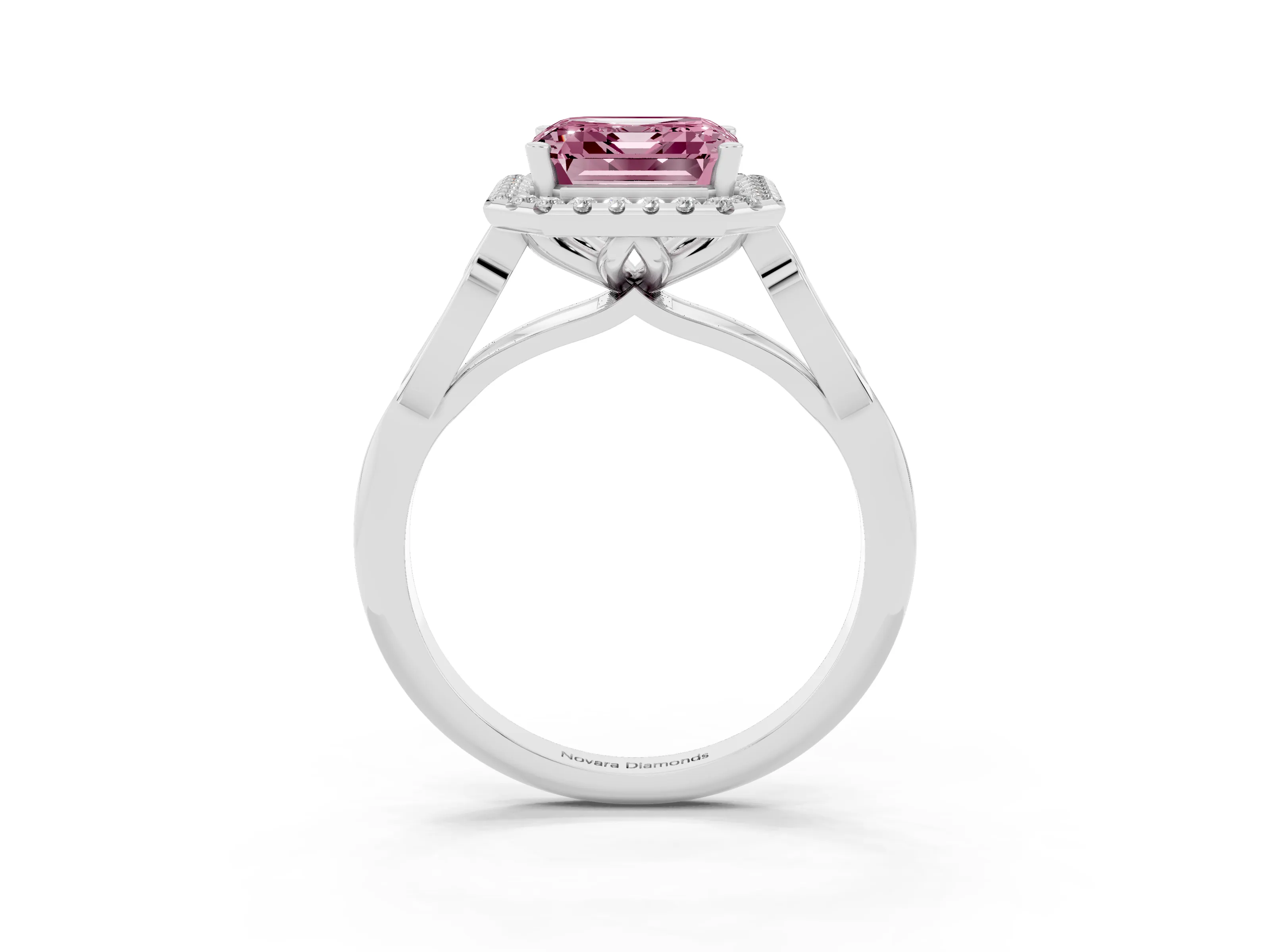 Fancy Pink Asscher Cut Diamond Halo Engagement Ring Set in Silver with Filigree Band and Prong-Set Center