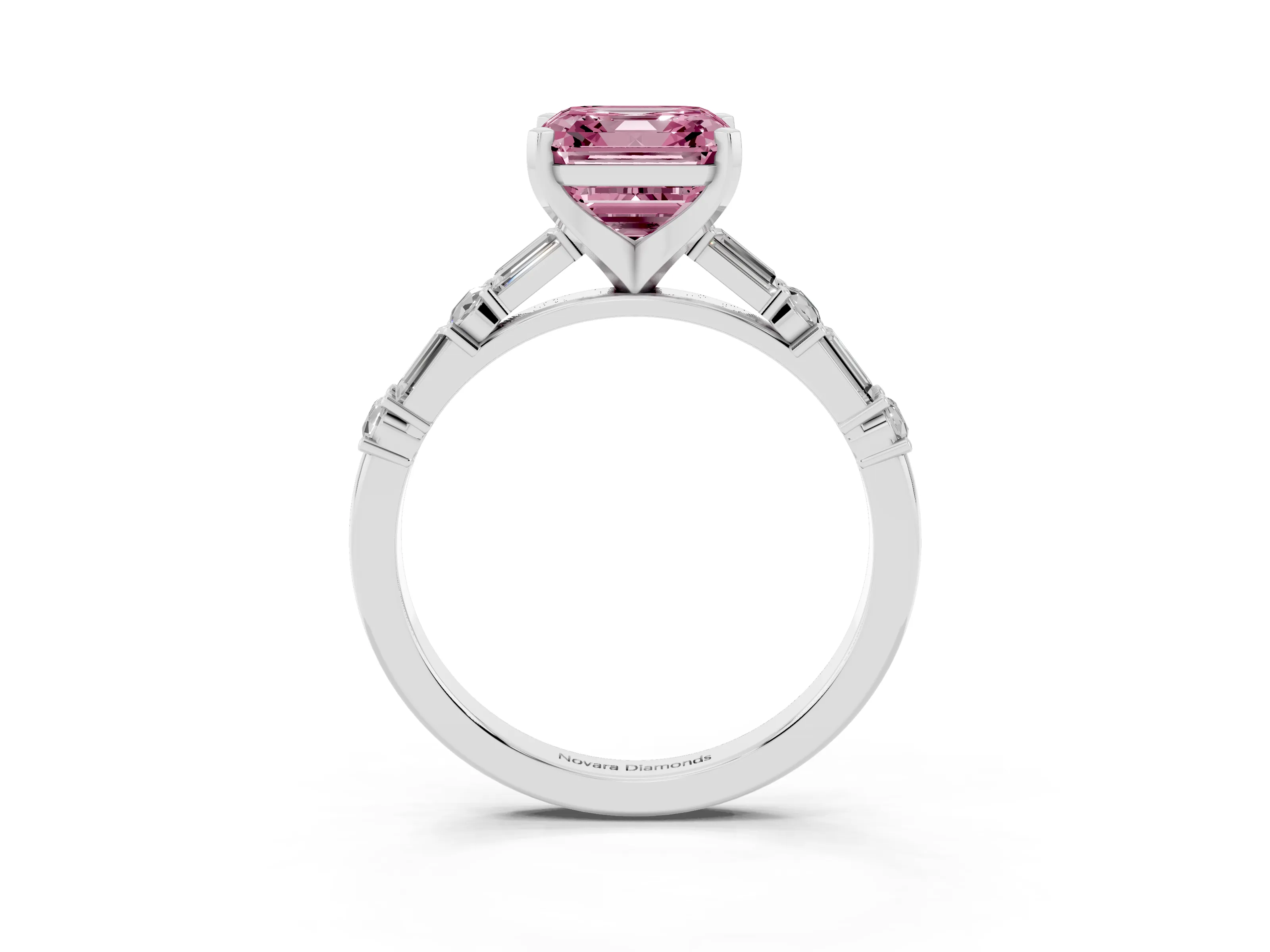 Fancy Pink Asscher Cut Diamond Solitaire Set in Silver with Side Baguettes and Channel Set Band
