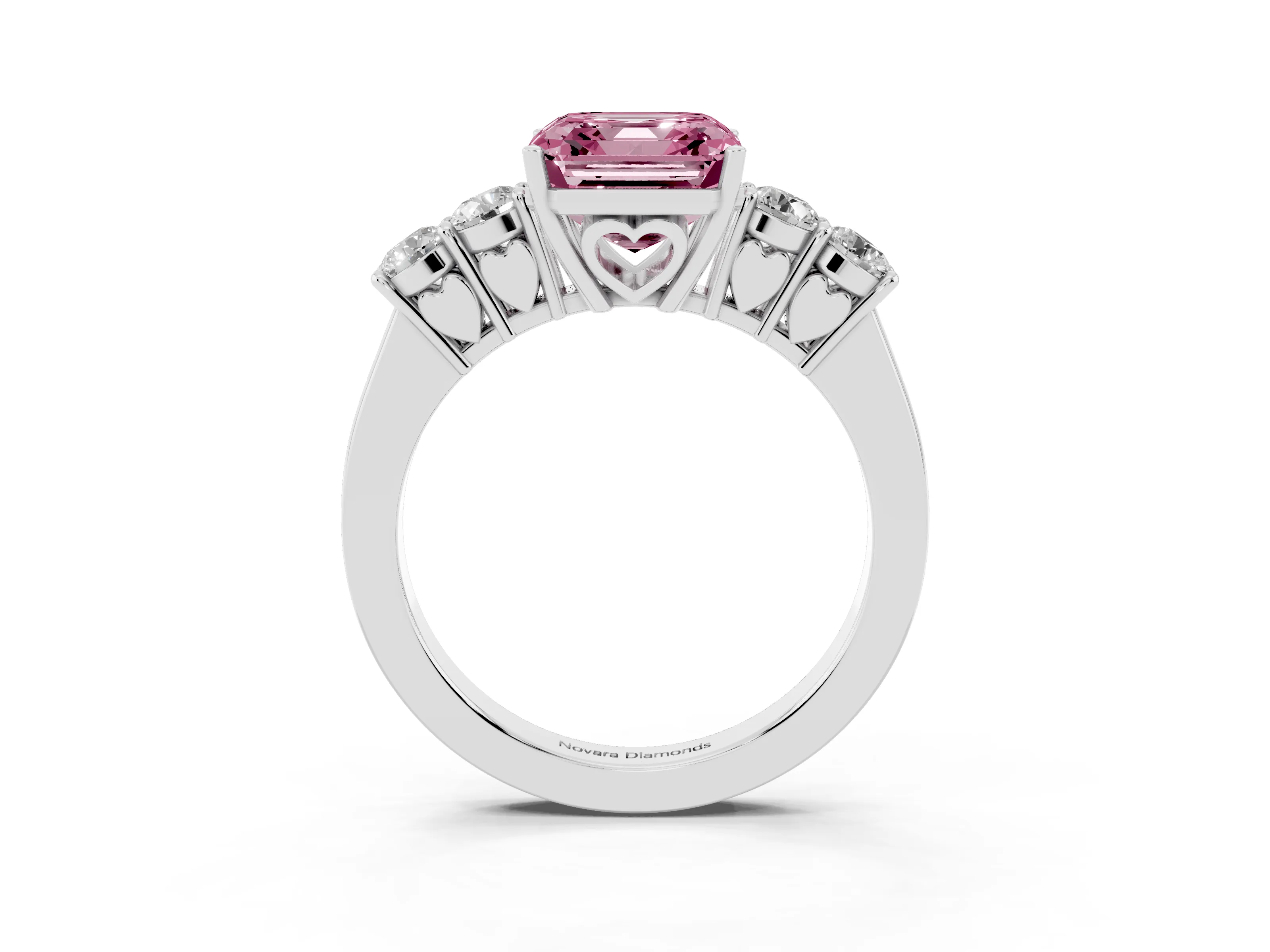 Fancy Pink Asscher Cut Diamond Five-Stone Prong Set Band Ring Set in Platinum with Polished Band