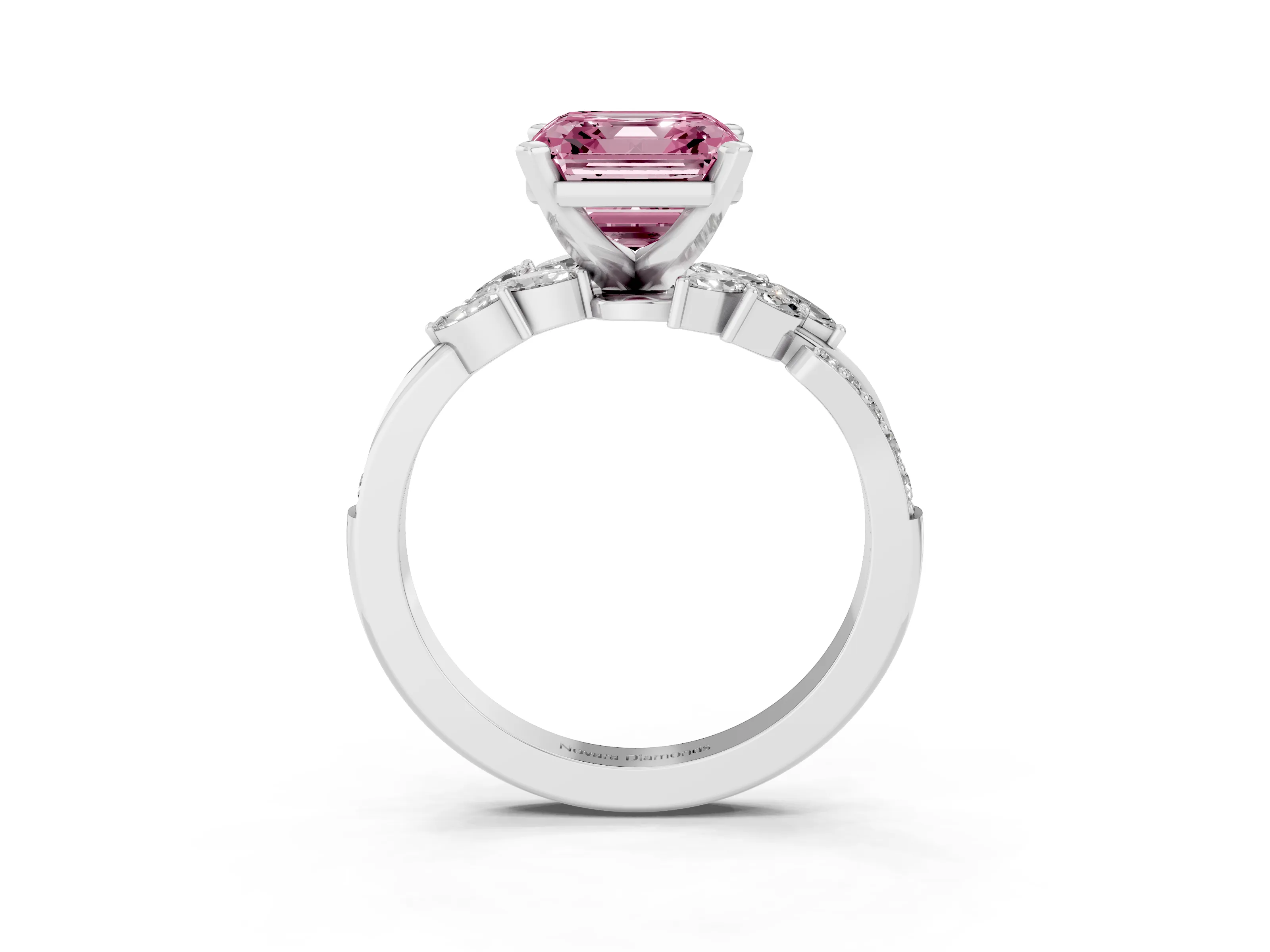 Fancy Pink Asscher Cut Diamond Solitaire Ring Set in Silver with Marquise Twist Band and Prong Setting