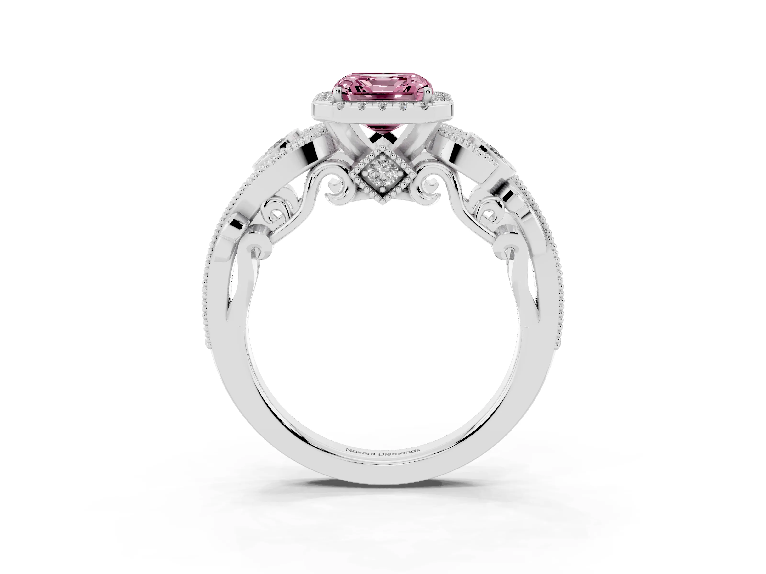 Fancy Pink Asscher Cut Diamond Halo Ring Set in Silver with Milgrain Pavé Band and Prong Setting