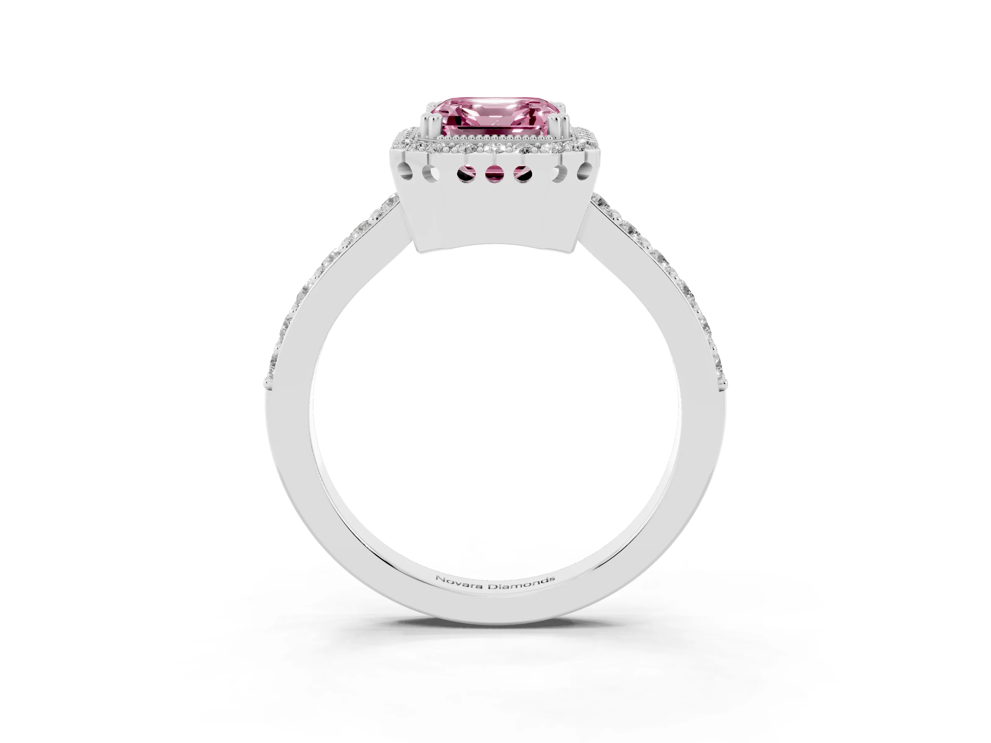Fancy Pink Asscher Cut Diamond Halo Engagement Ring Set in White gold with Milgrain Detail and Pavé Band