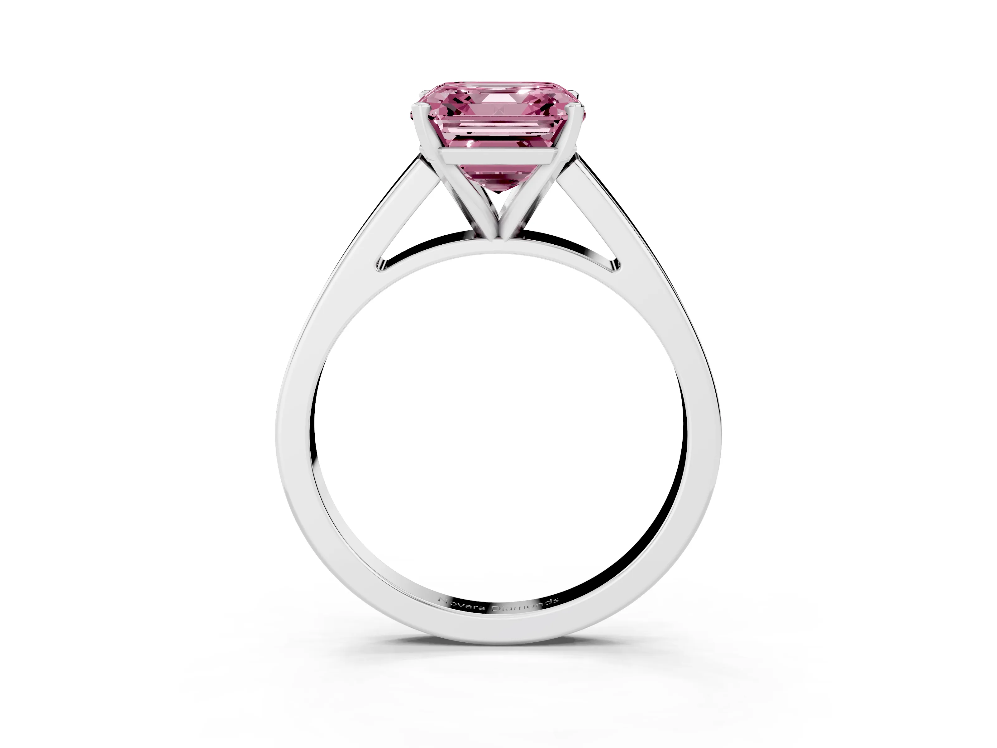Fancy Pink Asscher Cut Diamond Solitaire Engagement Ring Set in White gold with Prong Setting and Tapered Band