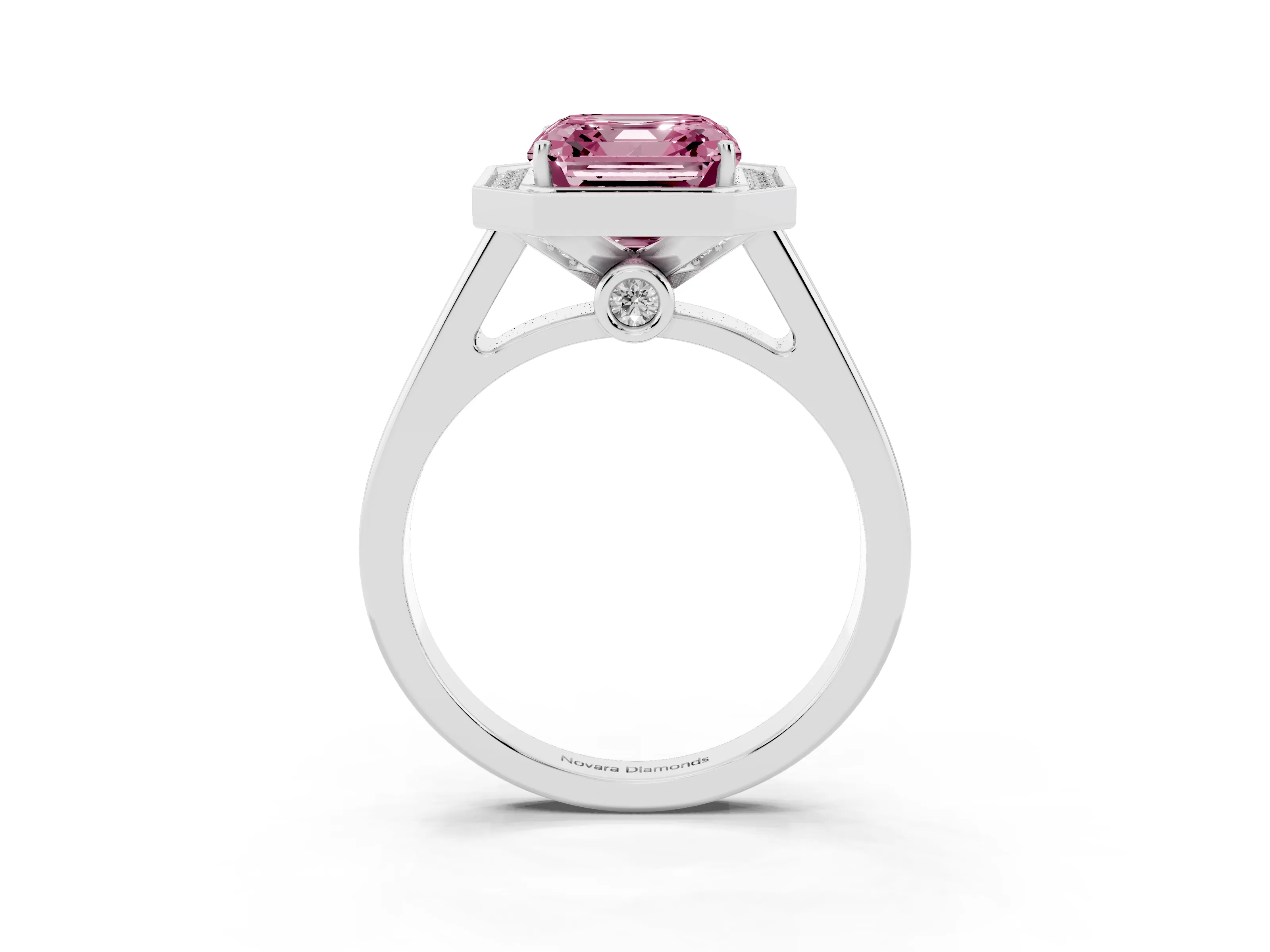 Fancy Pink Asscher Cut Diamond Halo Solitaire Ring Set in Platinum with Pavé Band and Bezel Setting