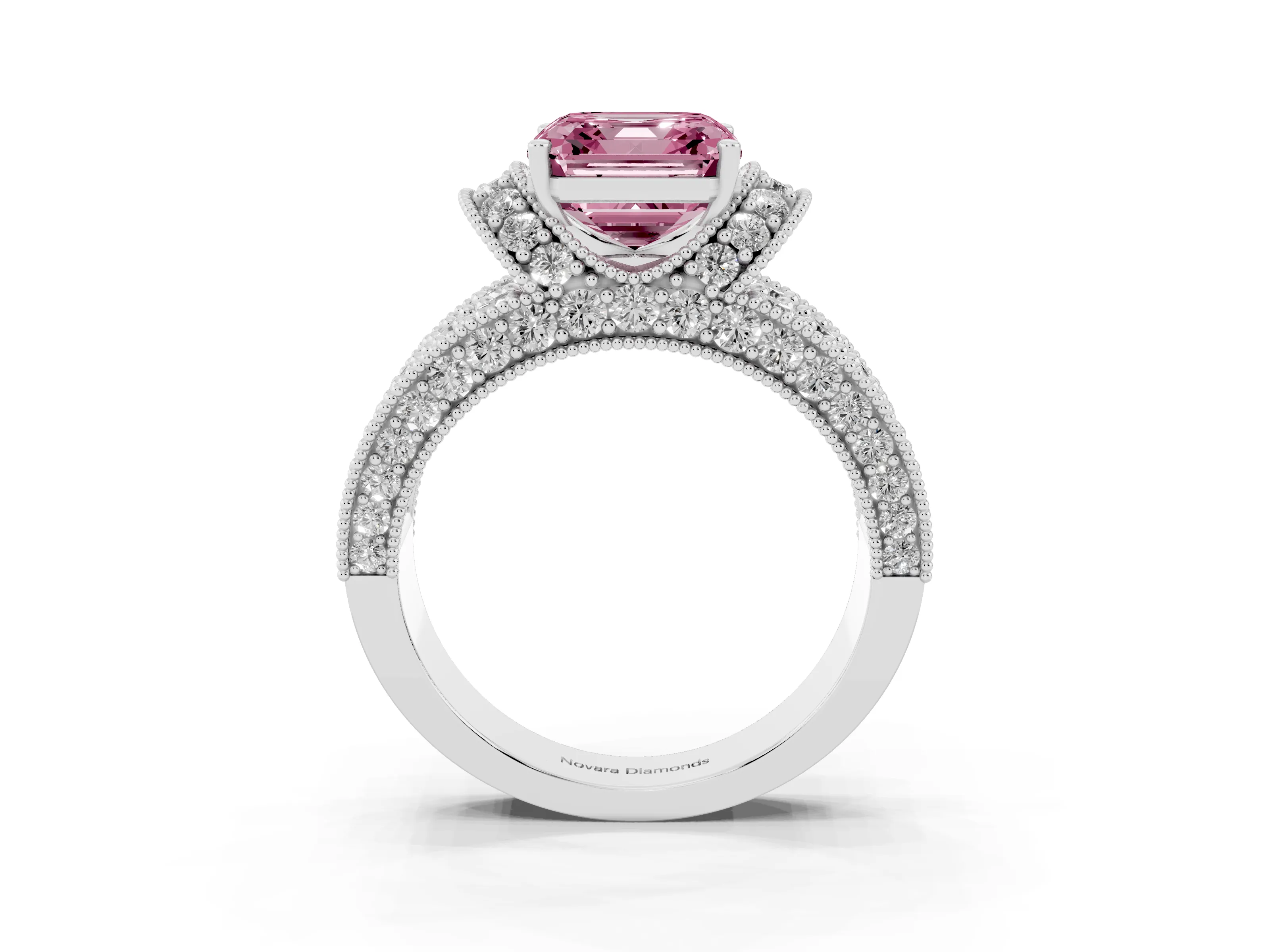 Fancy Pink Asscher Cut Diamond Milgrain Halo Pavé Engagement Ring Set in Silver with Prong Setting