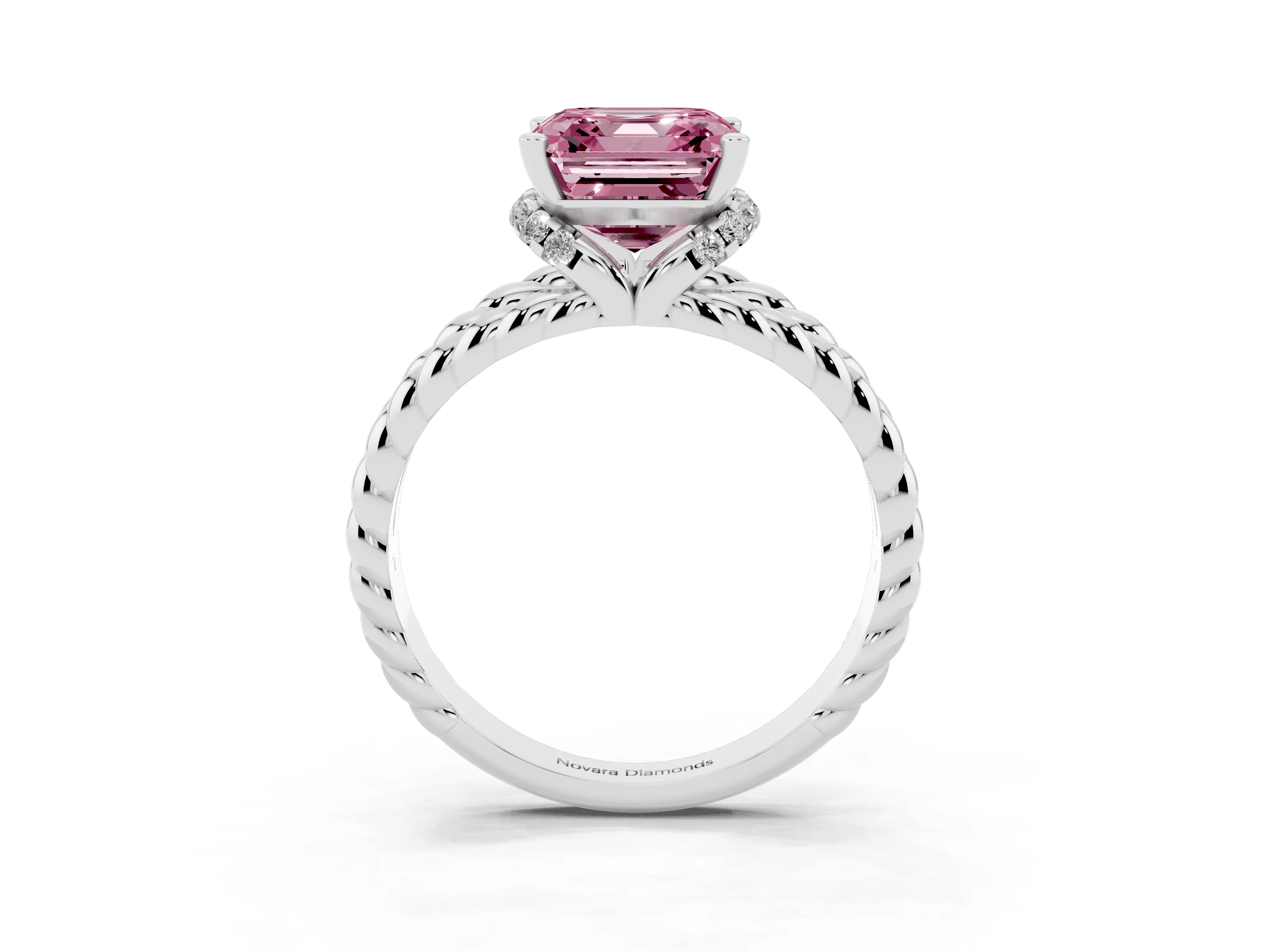 Fancy Pink Asscher Cut Diamond Halo Ring Set in White gold with Twisted Band and Prong Setting