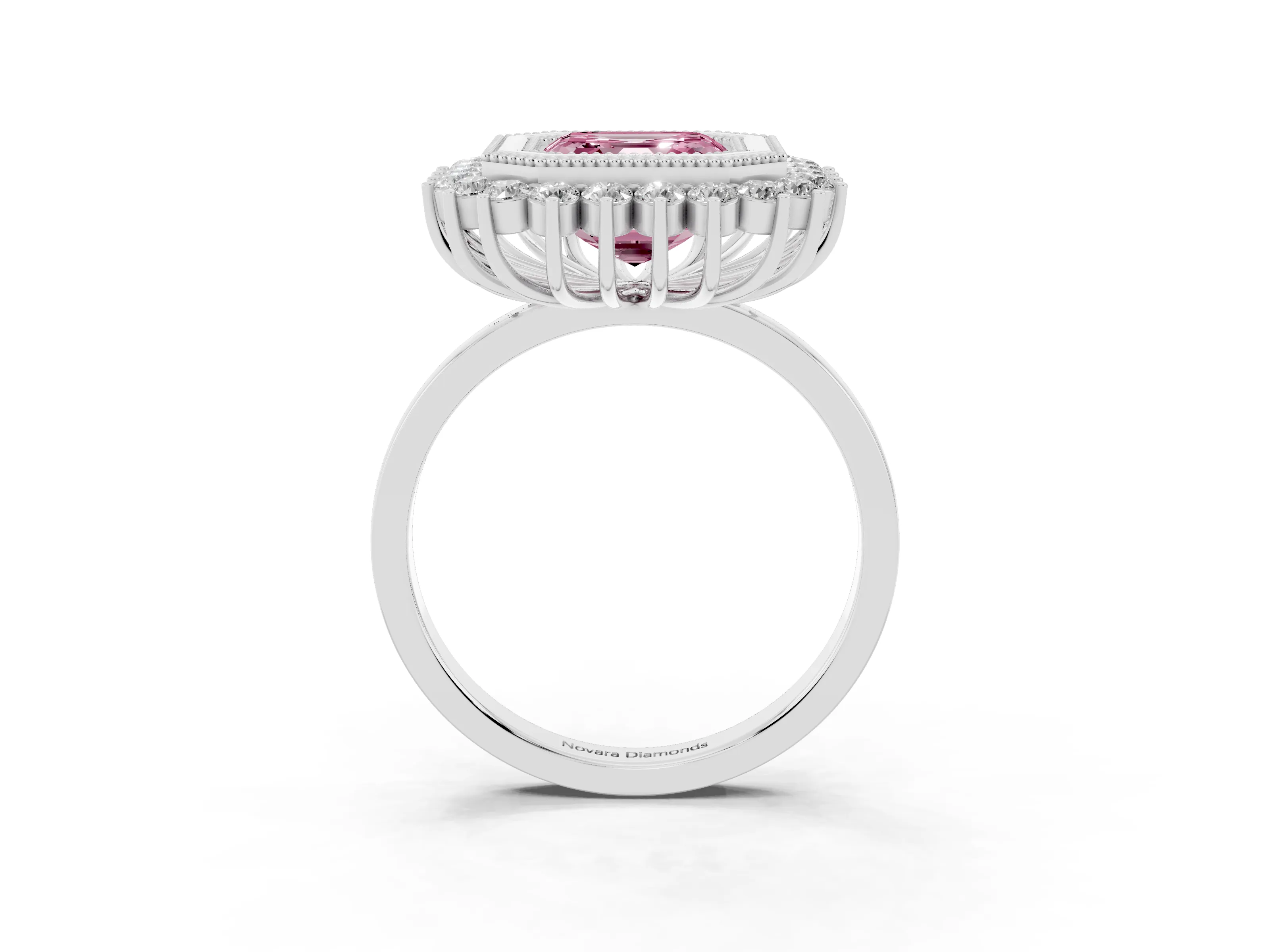 Fancy Pink Asscher Cut Diamond Halo Ring Set in Platinum with Milgrain Edge and Round Prong Setting