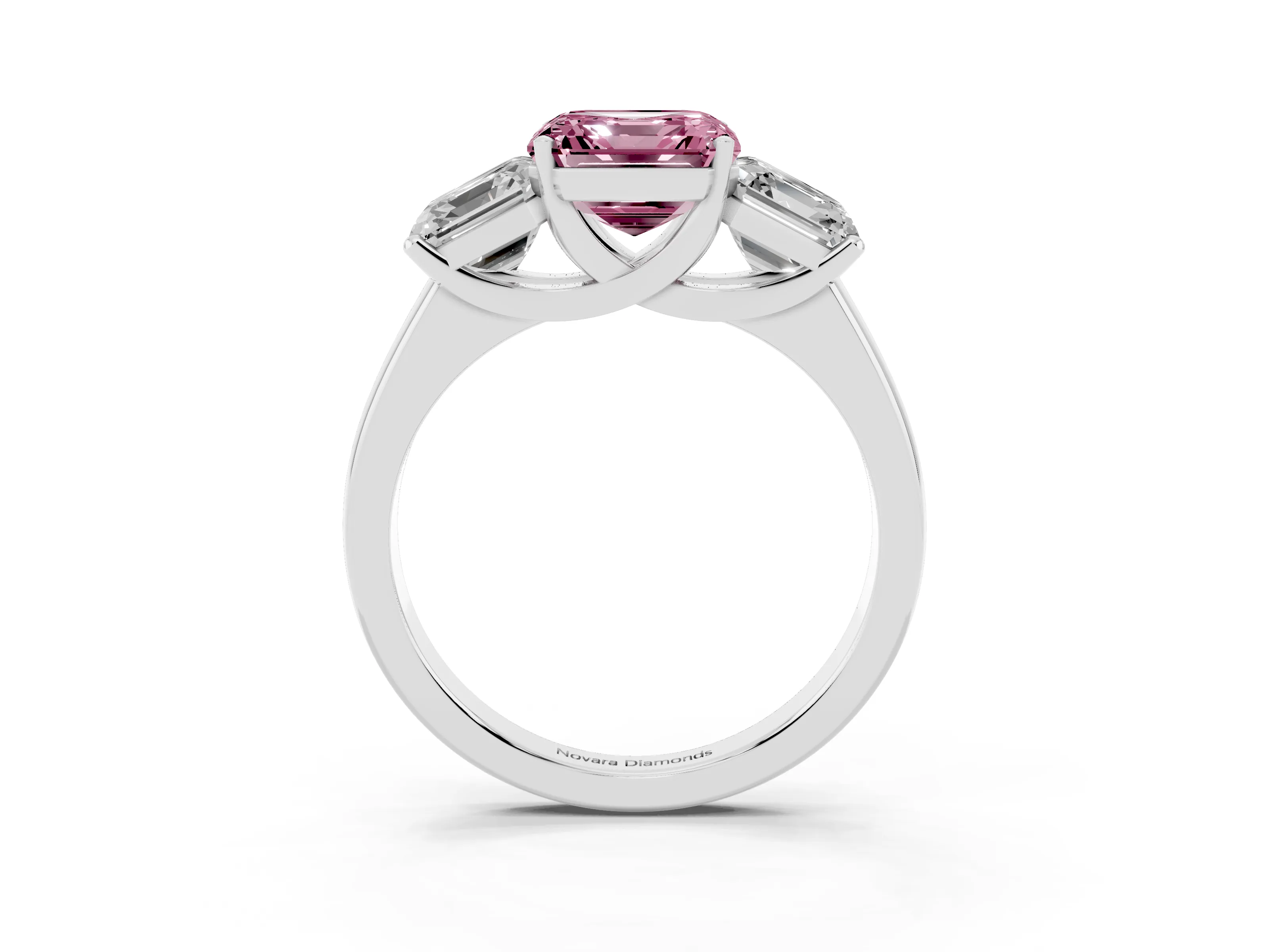 Fancy Pink Asscher Cut Diamond Three-Stone Ring Set in Platinum with Classic Prong Setting and Plain Band