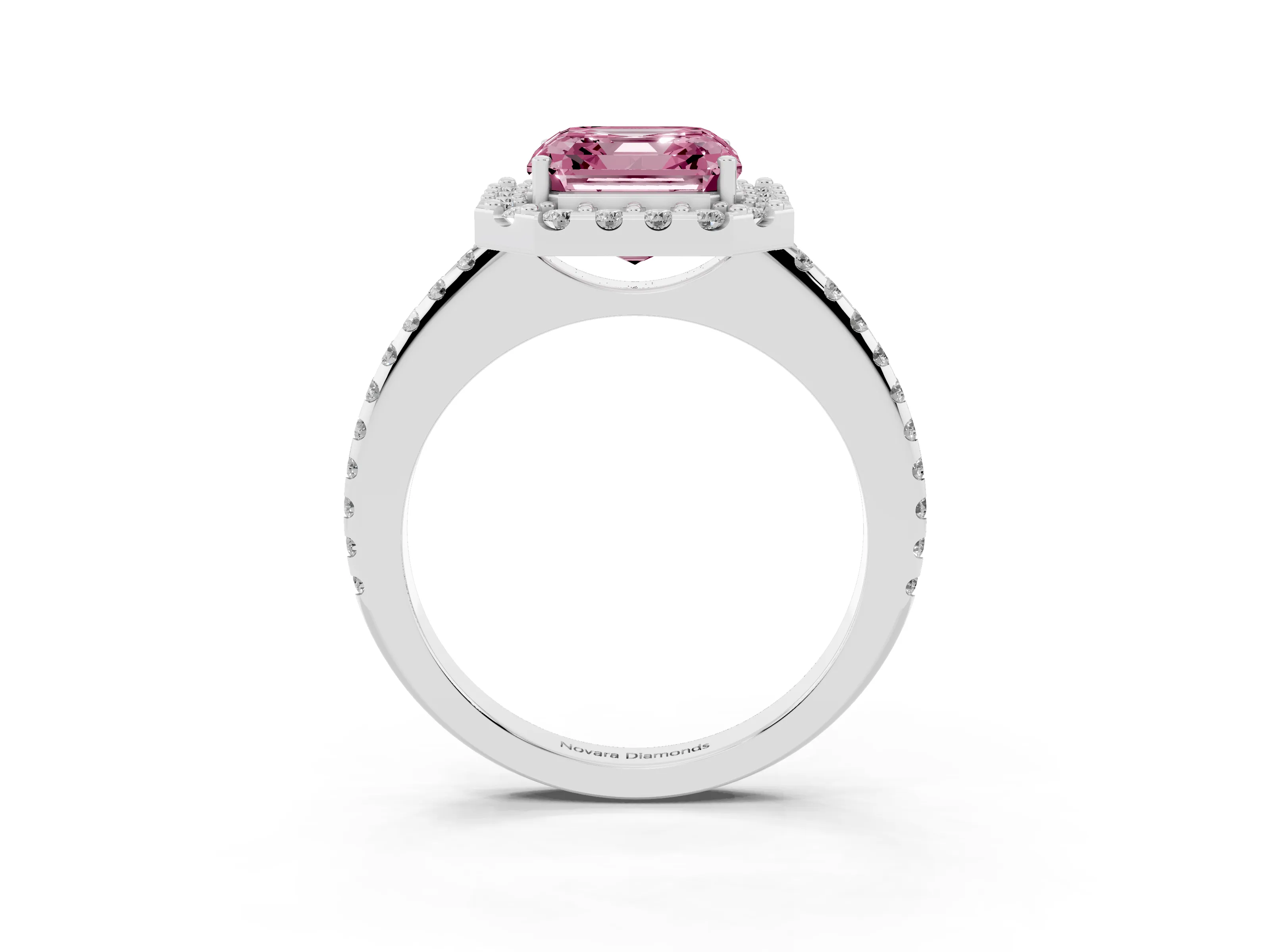 Fancy Pink Asscher Cut Diamond Pavé Halo Ring Set in Platinum with Prong Setting