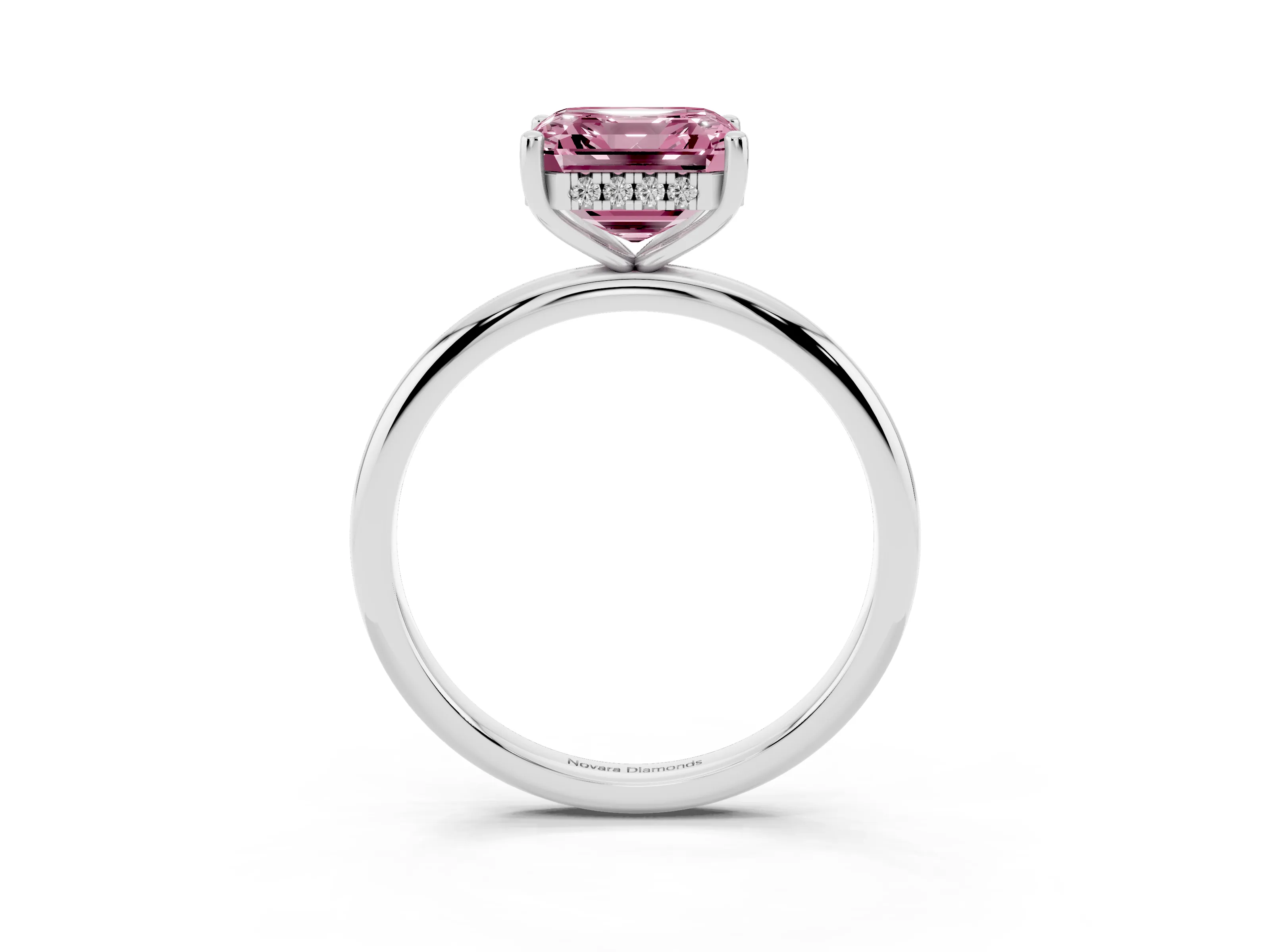 Fancy Pink Asscher Cut Diamond Solitaire Engagement Ring Set in White gold with Prong Setting and Polished Band