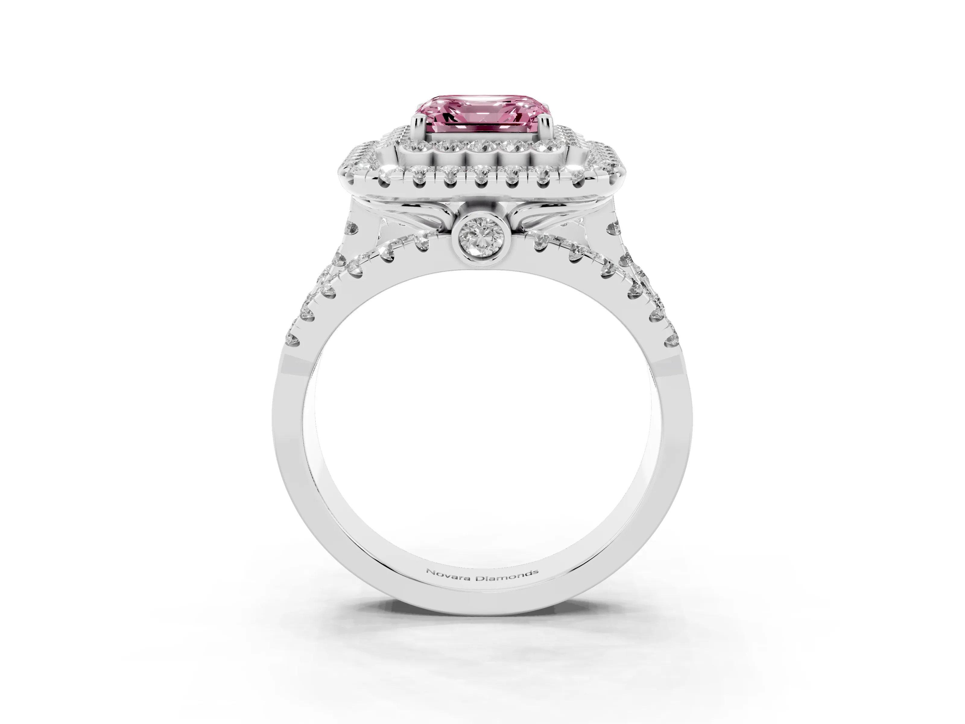 Fancy Pink Asscher Cut Diamond Double Halo Ring Set in White gold with Round Pavé Split Shank