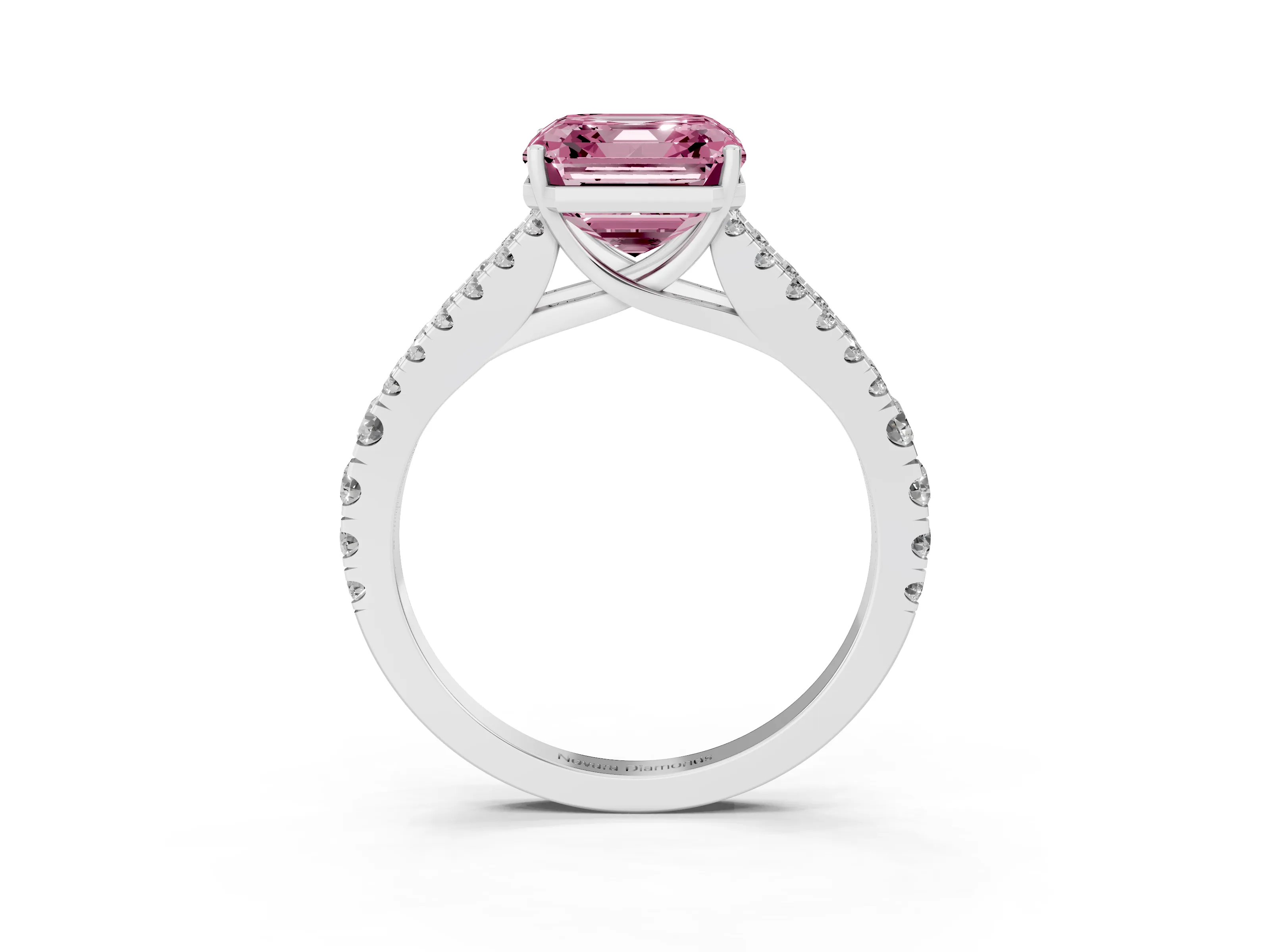 Fancy Pink Asscher Cut Diamond Split Shank Pavé Engagement Ring Set in White gold with Prong-Held Center Stone
