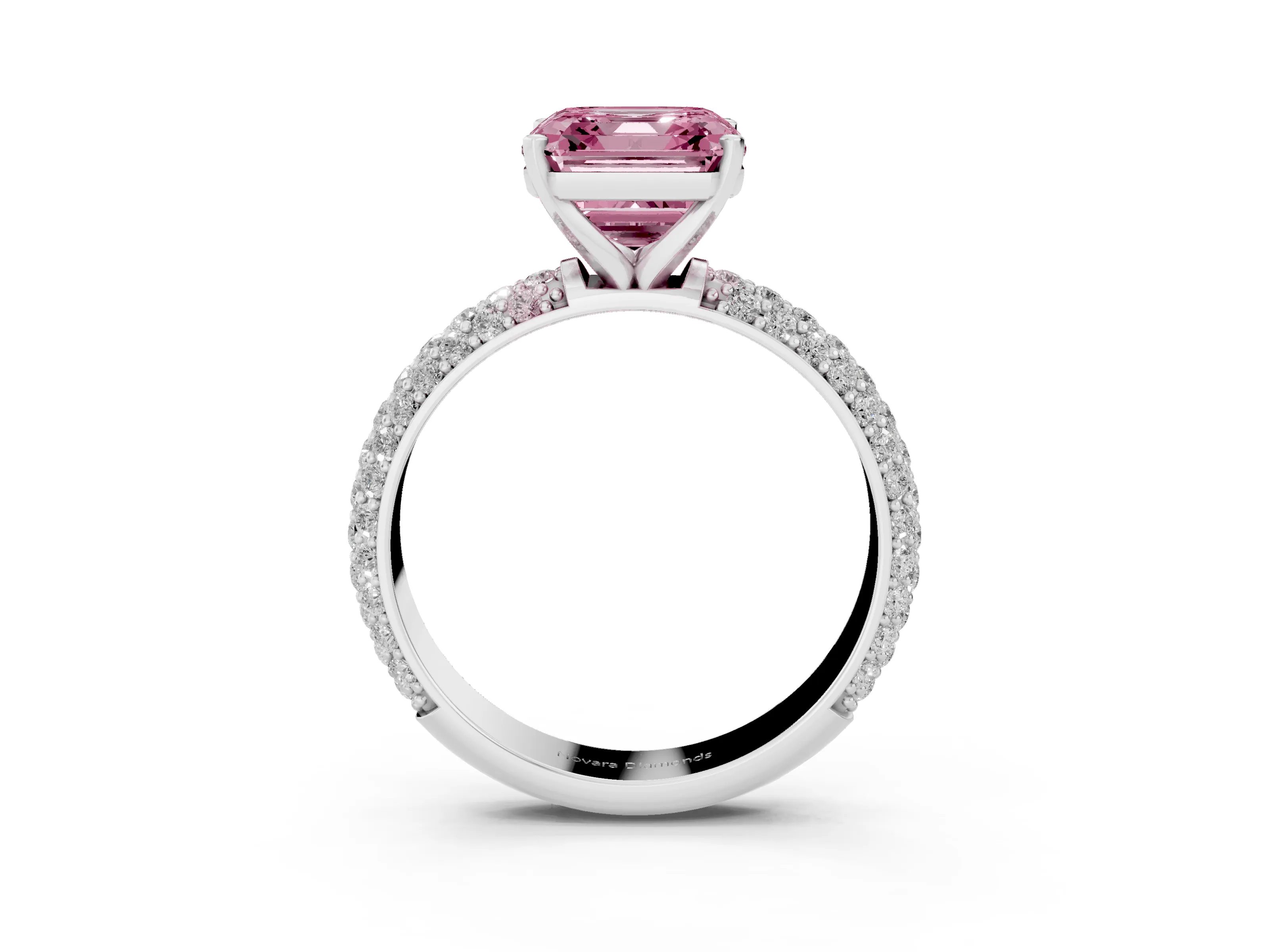 Fancy Pink Asscher Cut Diamond Solitaire Ring Set in Silver with Prong Setting and Pavé-Set Band