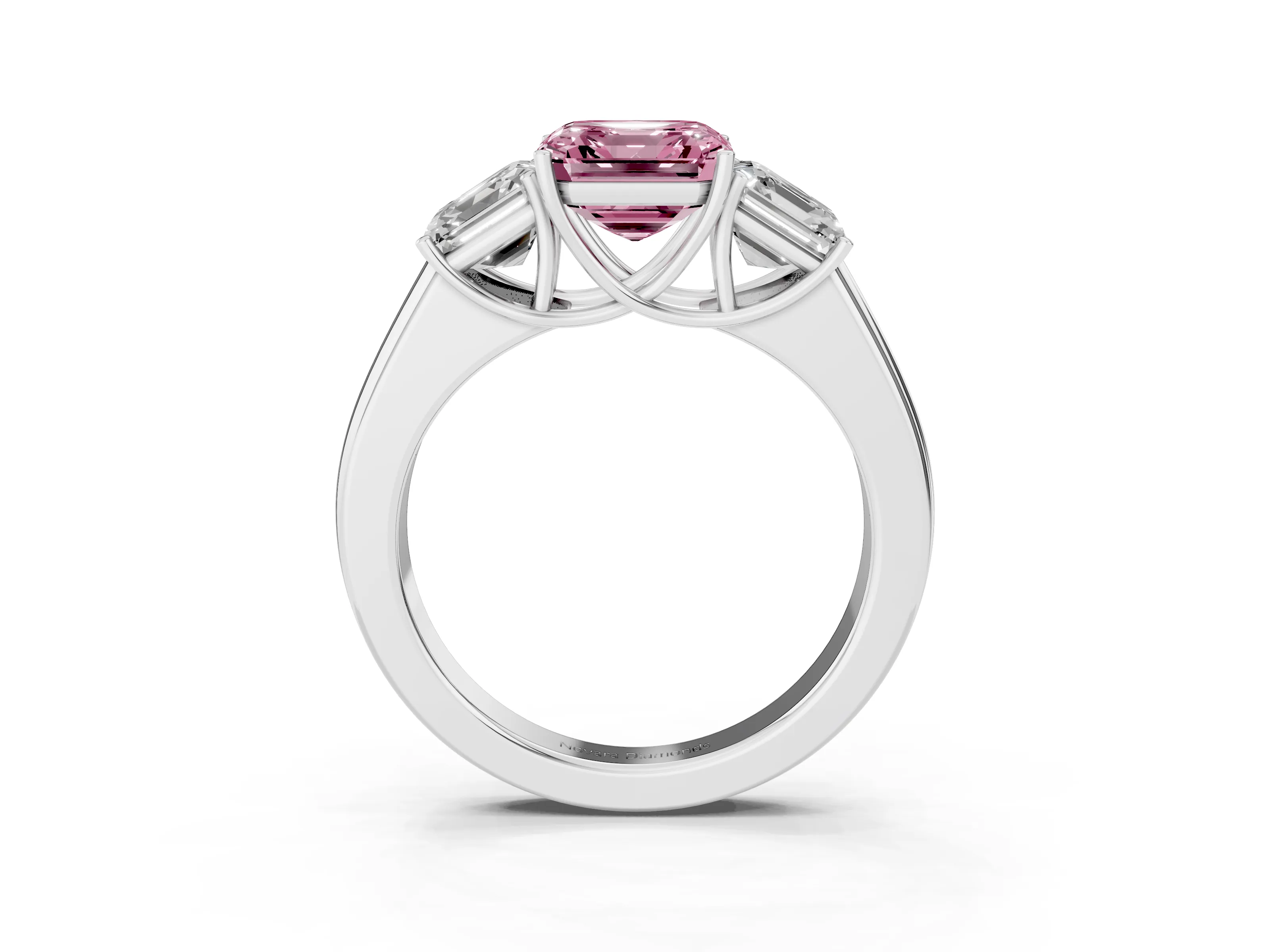Fancy Pink Three-Stone Asscher Cut Diamond Ring Set in White gold with Matching Prong Settings and Plain Band