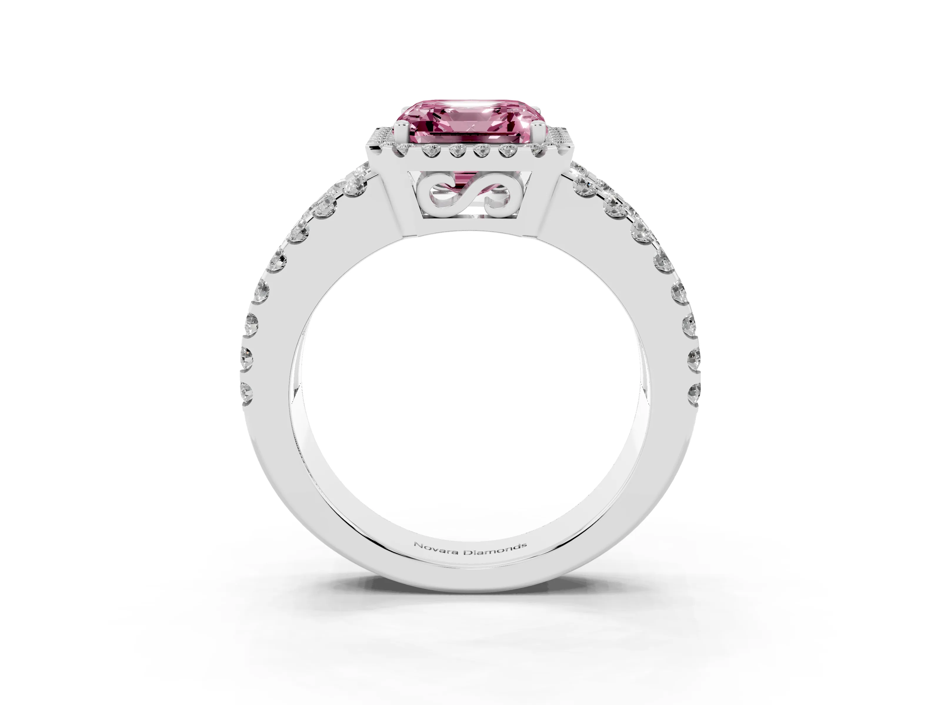 Fancy Pink Asscher Cut Diamond Halo Ring Set in Silver with Pavé Split Shank and Prong Setting