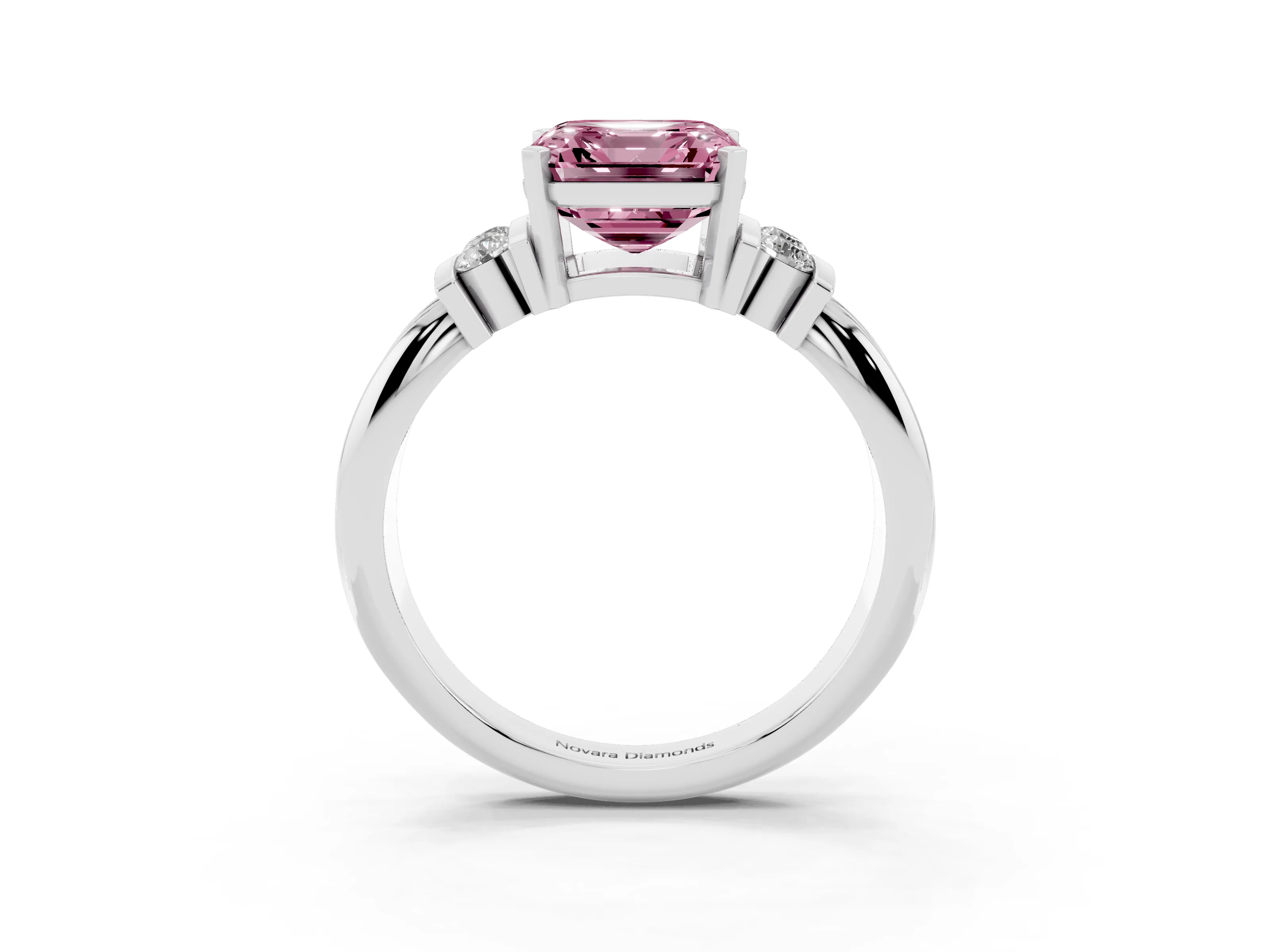 Fancy Pink Three-Stone Asscher Cut Diamond Channel Set Ring Set in Silver with Bar Prongs