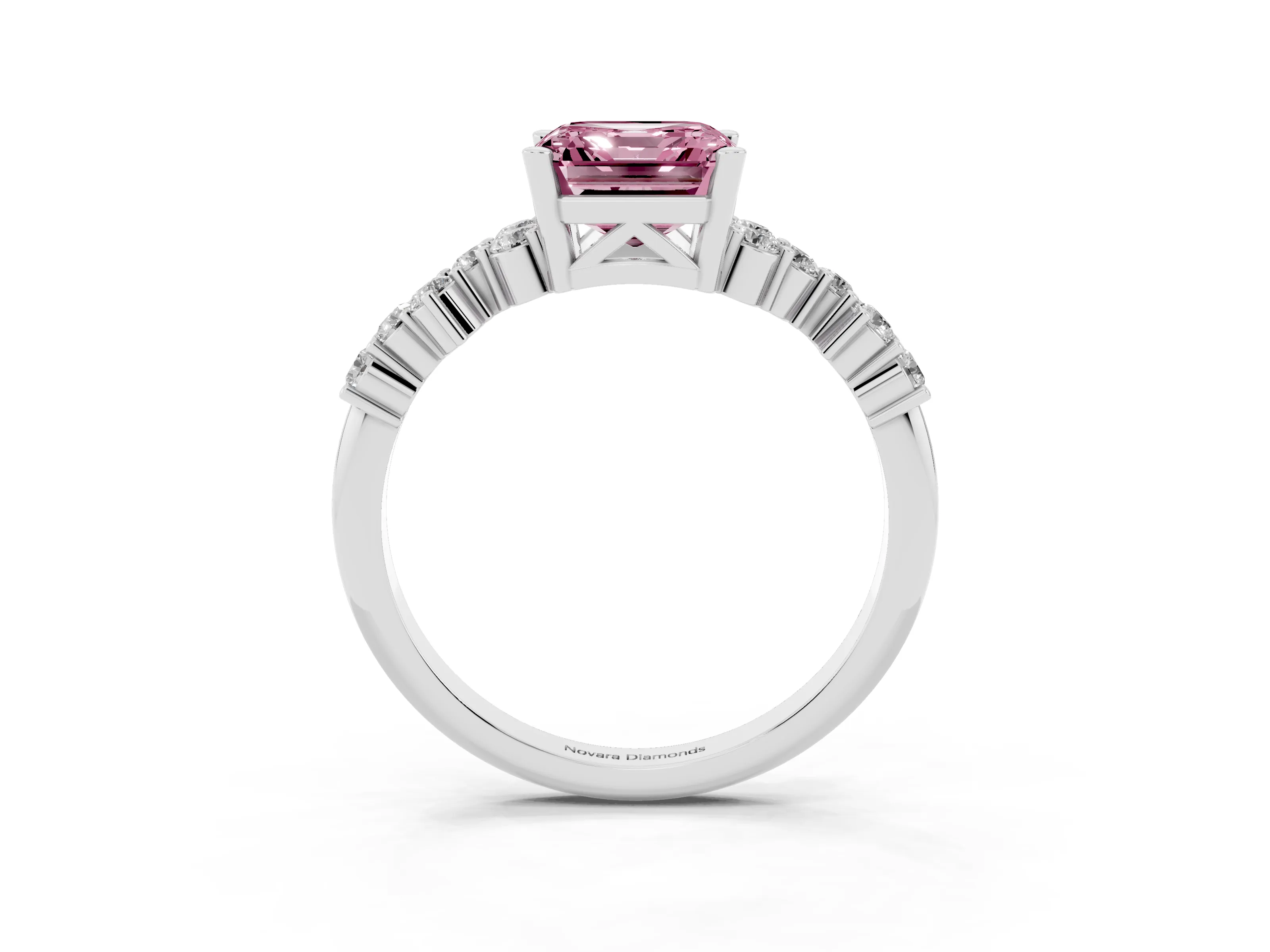 Fancy Pink Asscher Cut Diamond Ring Set in White gold with Scattered Round Accents