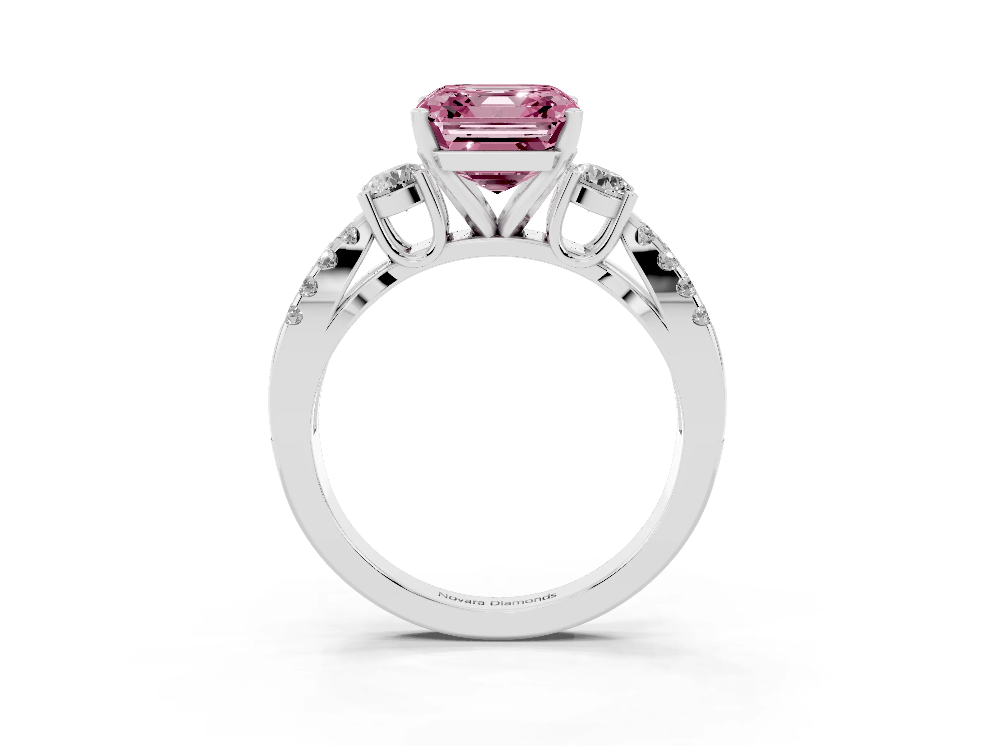 Fancy Pink Asscher Cut Diamond Three-Stone Ring Set in Platinum with Pavé Split Shank and Prong Setting