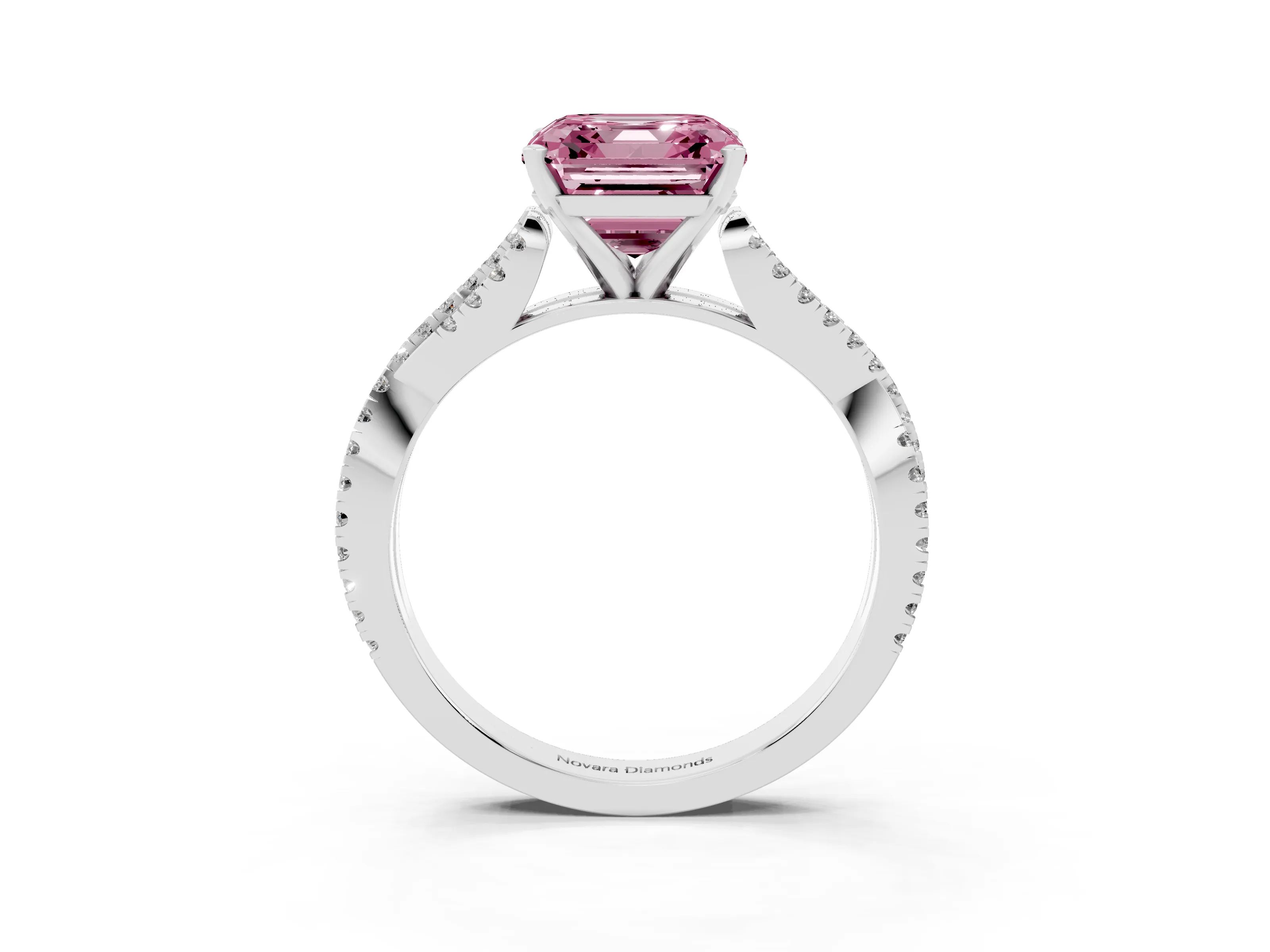 Fancy Pink Asscher Cut Diamond Solitaire Engagement Ring Set in White gold with Twisted Pavé Band and Prong Setting