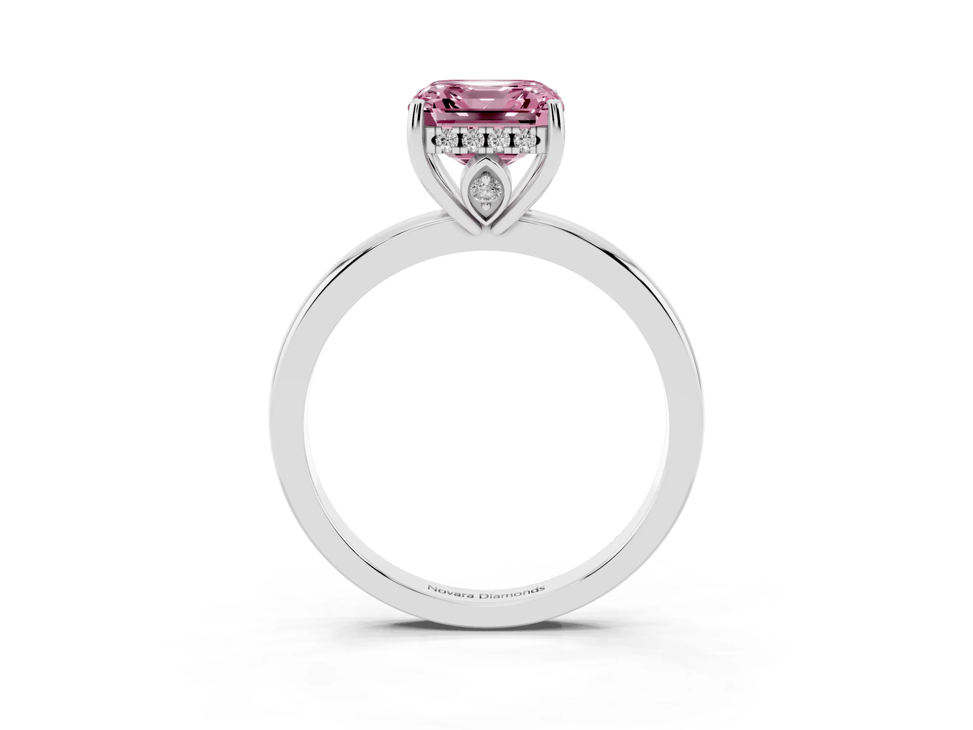 Fancy Pink Asscher Cut Diamond Solitaire Ring Set in Platinum with Plain Band and Prong Setting