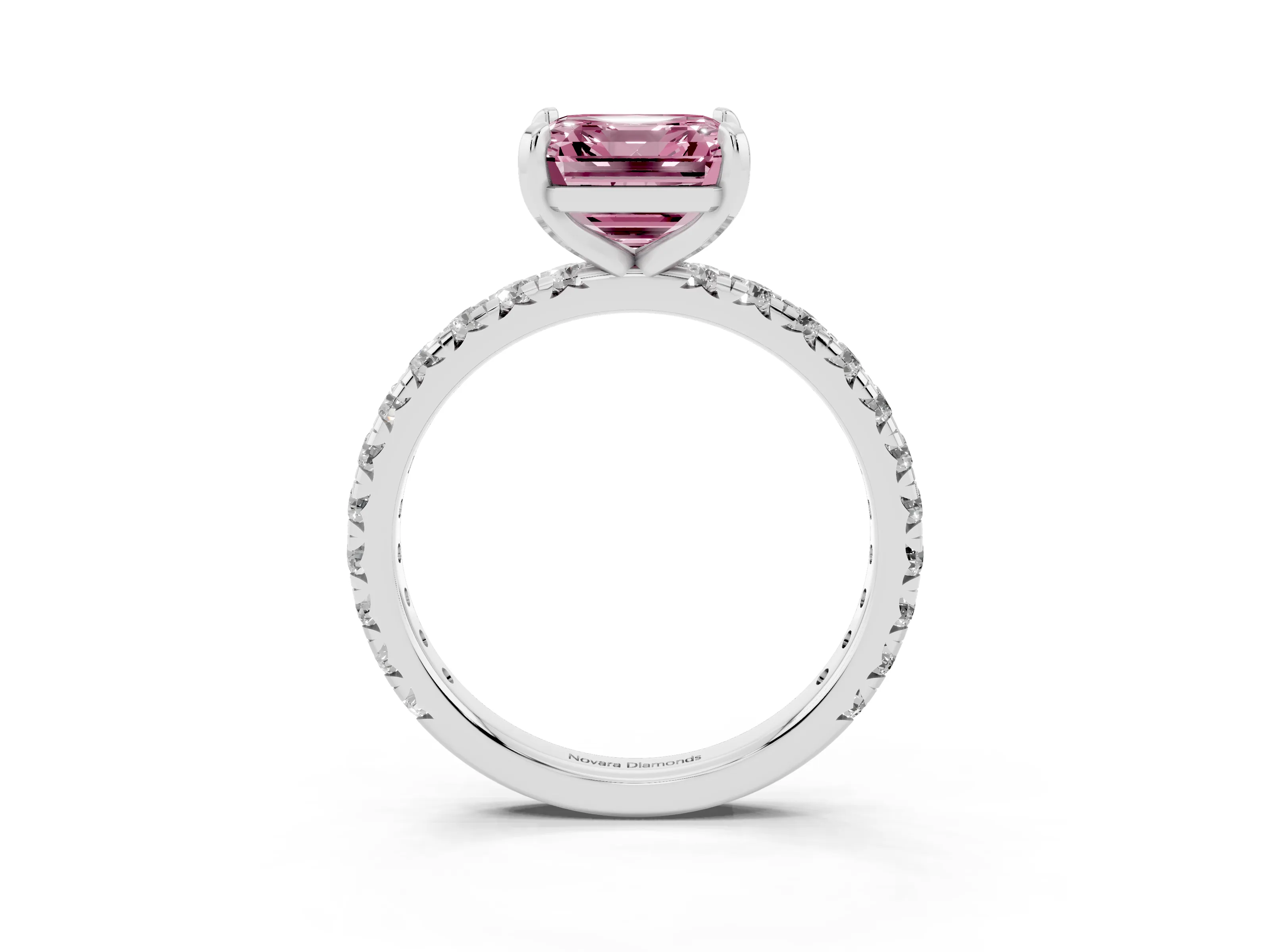 Fancy Pink Asscher Cut Diamond Pavé Solitaire Ring Set in Silver with Round Band and Prong Setting