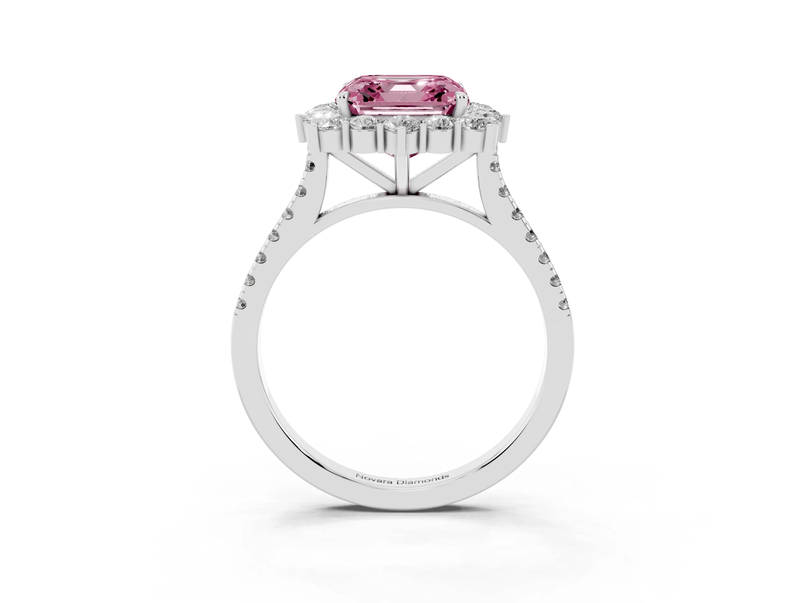 Fancy Pink Asscher Cut Diamond Halo Ring Set in Silver with Pavé Band and Prong Setting