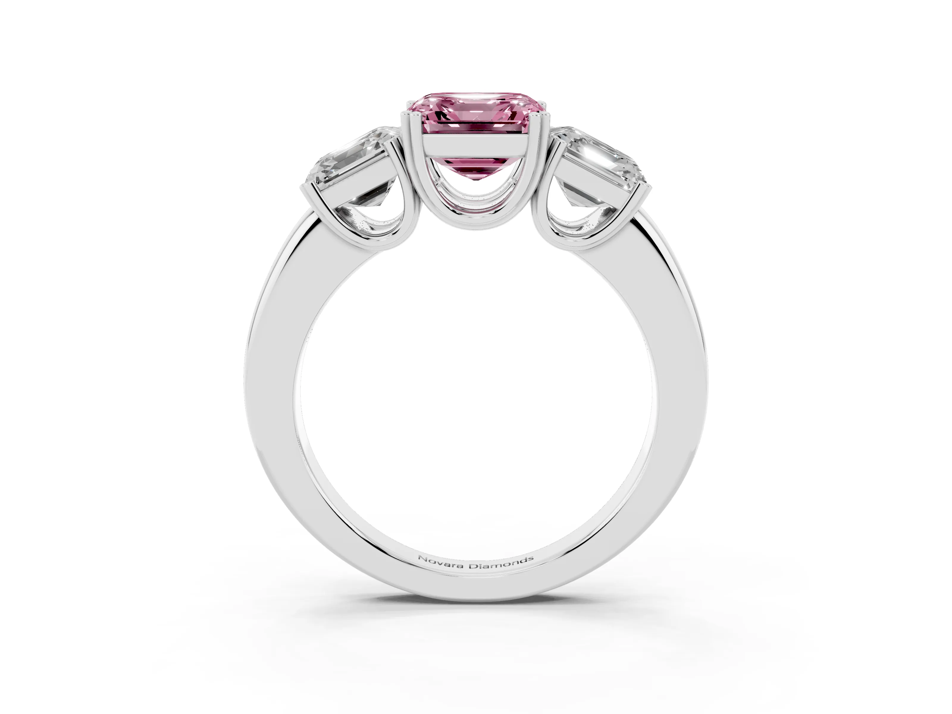Fancy Pink Asscher Cut Diamond Three-Stone Ring Set in Silver with Polished Band and Prong Setting