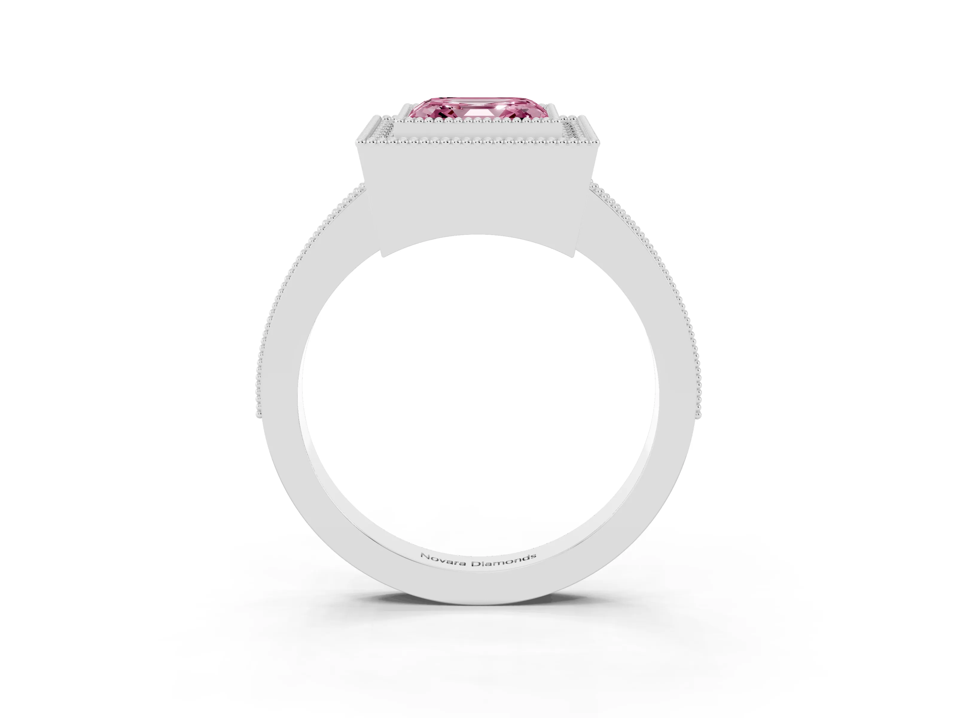 Fancy Pink Asscher Cut Diamond Halo Engagement Ring Set in White gold with Pavé Band and Round Halo Stones