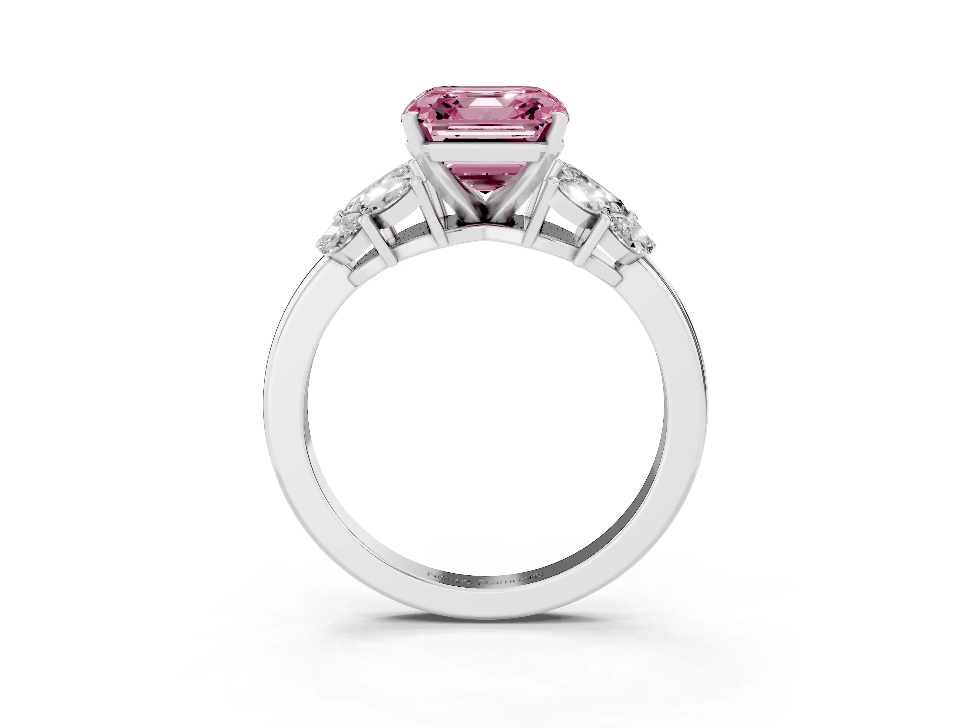 Fancy Pink Asscher Cut Diamond Cluster Leaf Design Ring Set in White gold with Prong Setting
