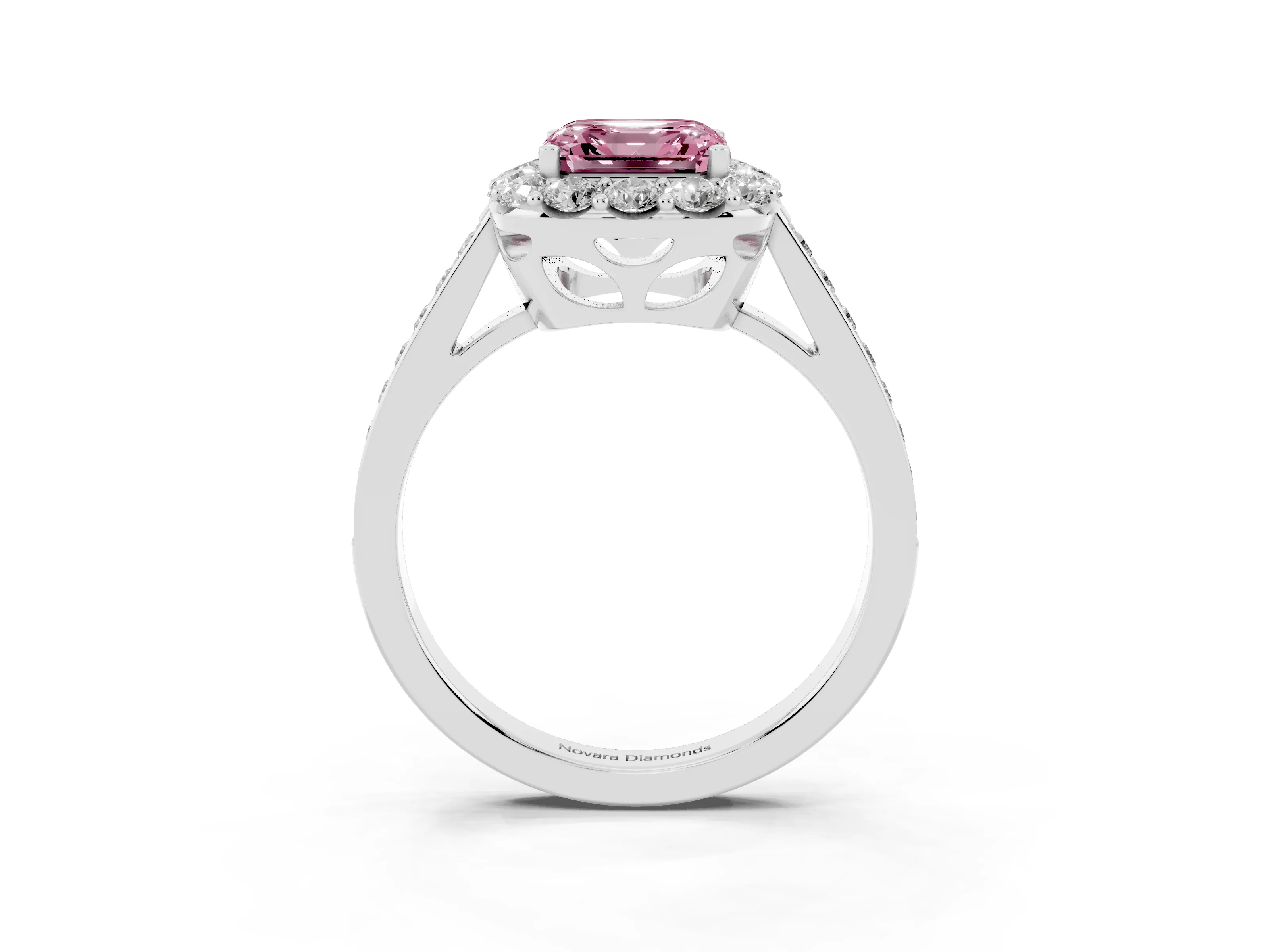 Fancy Pink Asscher Cut Diamond Floral Halo Ring Set in Platinum with Pavé Band and Prong Setting