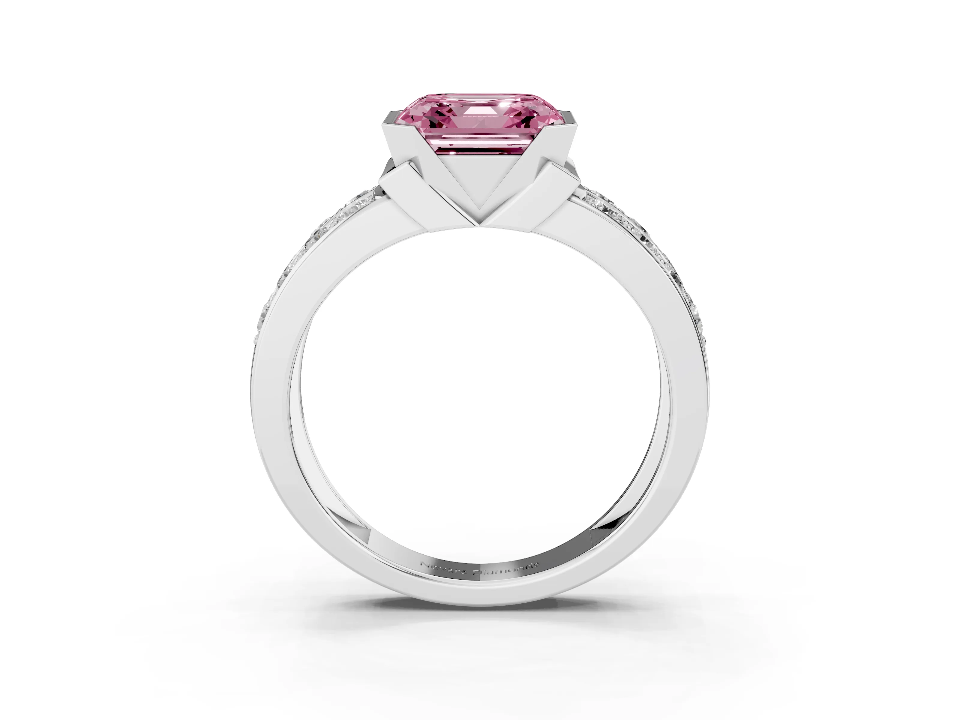 Fancy Pink Asscher Cut Diamond Wide Channel Set Band Ring Set in Platinum with Bezel Setting