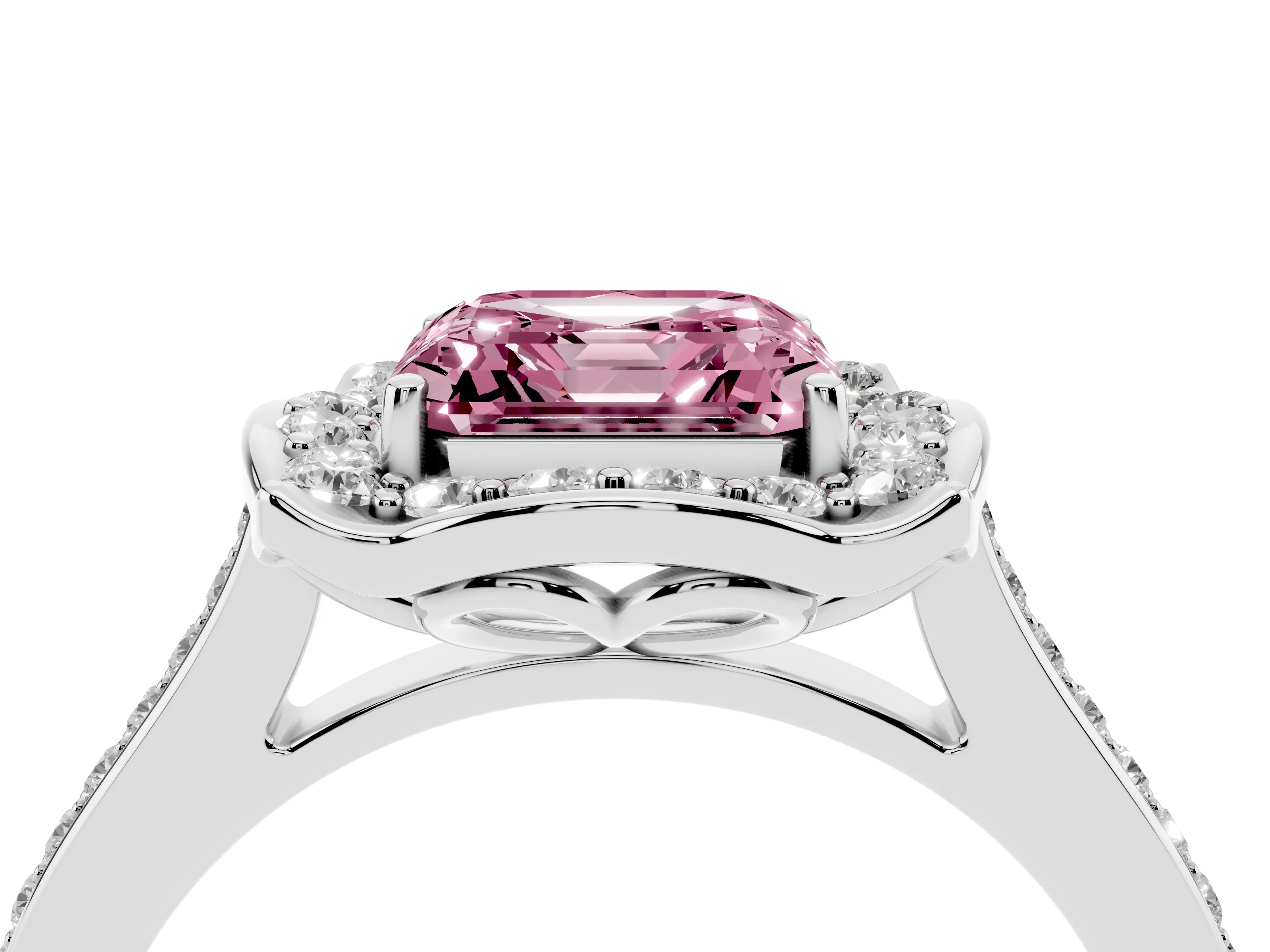 Fancy Pink Asscher Cut Diamond Halo Ring Set in Silver with Pavé-Lined Shoulders and Prong Setting
