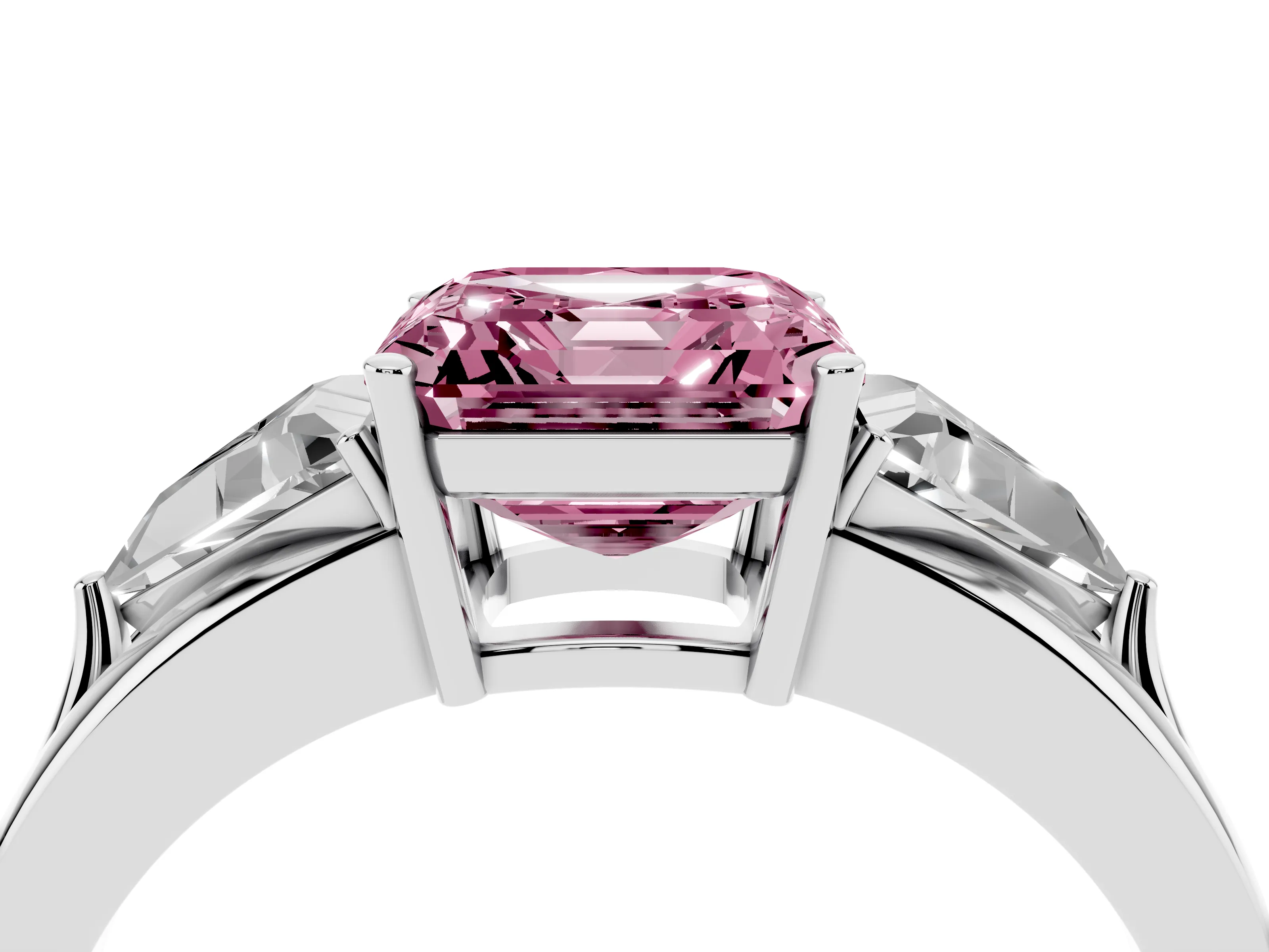 Fancy Pink Asscher Cut Diamond Three-Stone Ring Set in White gold with Trillion Side Stones and Split Shank